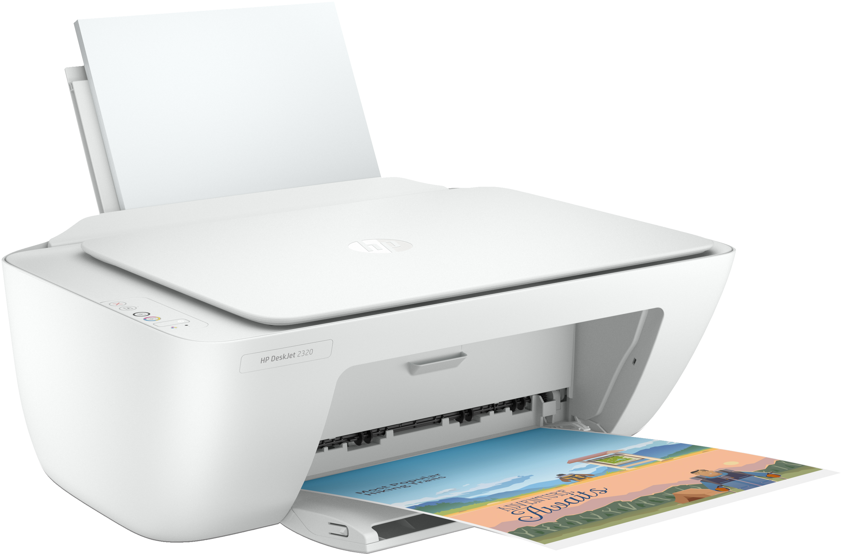 Weißer HP DeskJet 2720 Drucker, der eine bunte Seite druckt. Das Papierfach ist geöffnet.