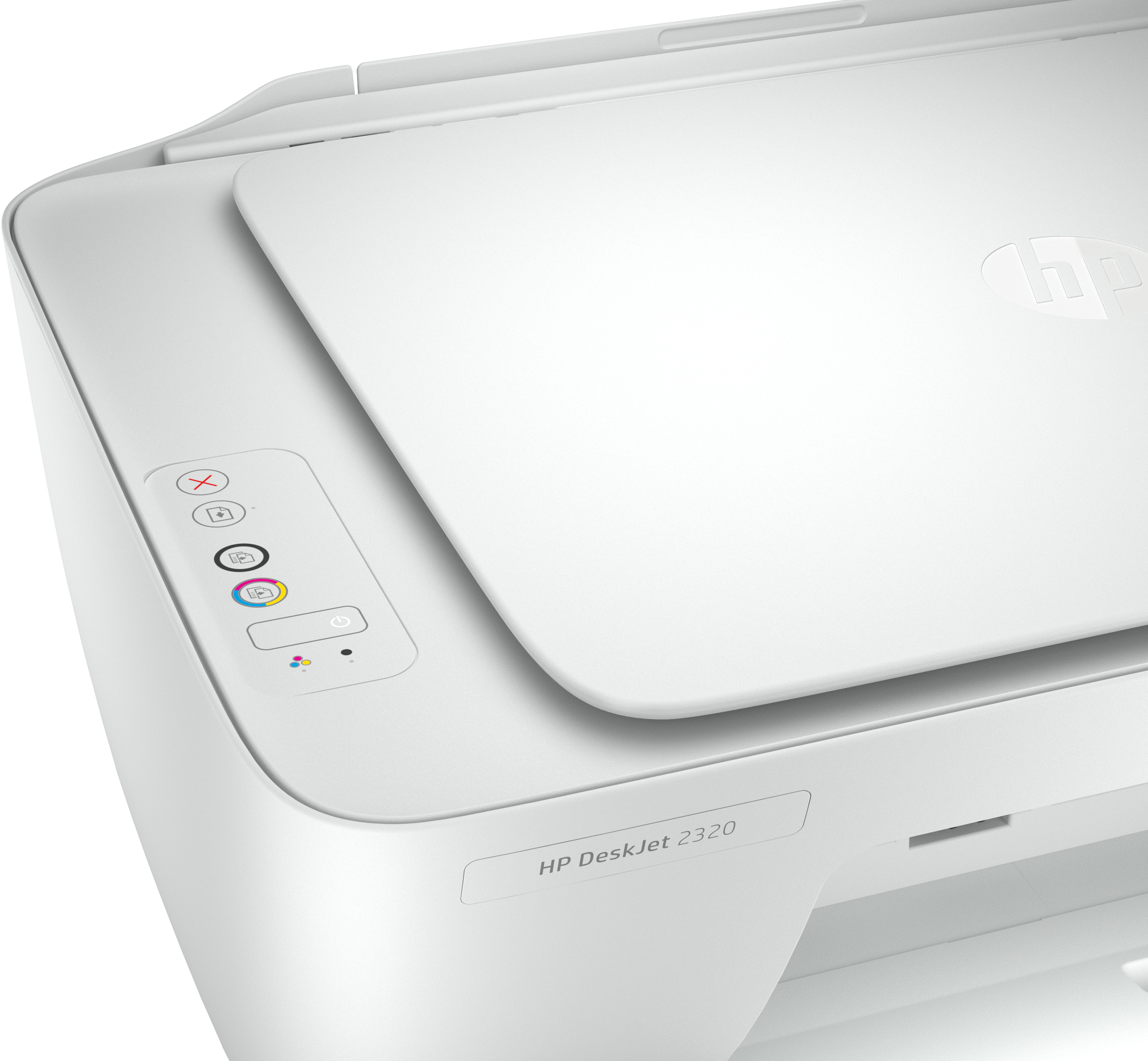 Weißer Drucker mit Knöpfen und dem HP DeskJet 2320 Logo auf der Vorderseite. Weißer Hintergrund.