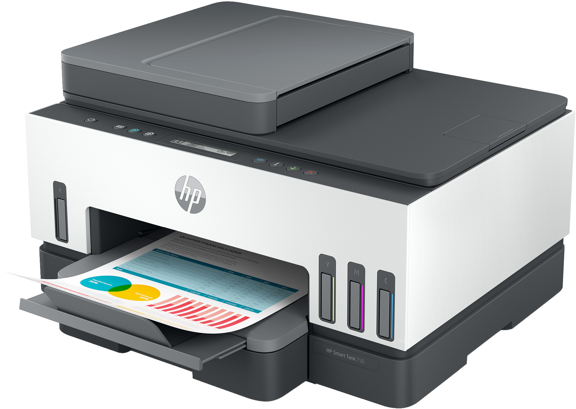 White and gray HP printer with a paper output tray. A paper with colorful graphs is visible.
