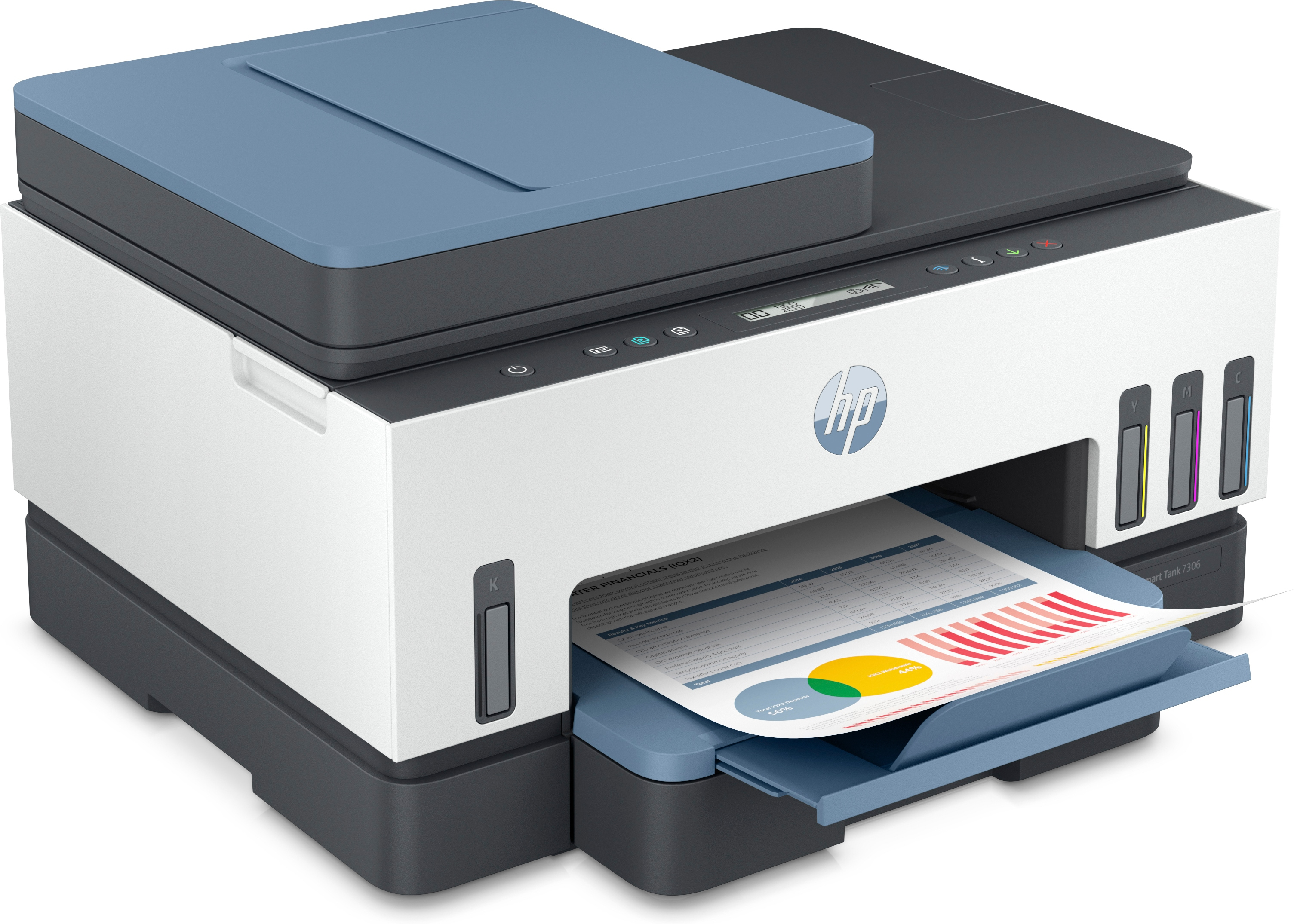 White and blue printer, printing a paper with graphs and charts.