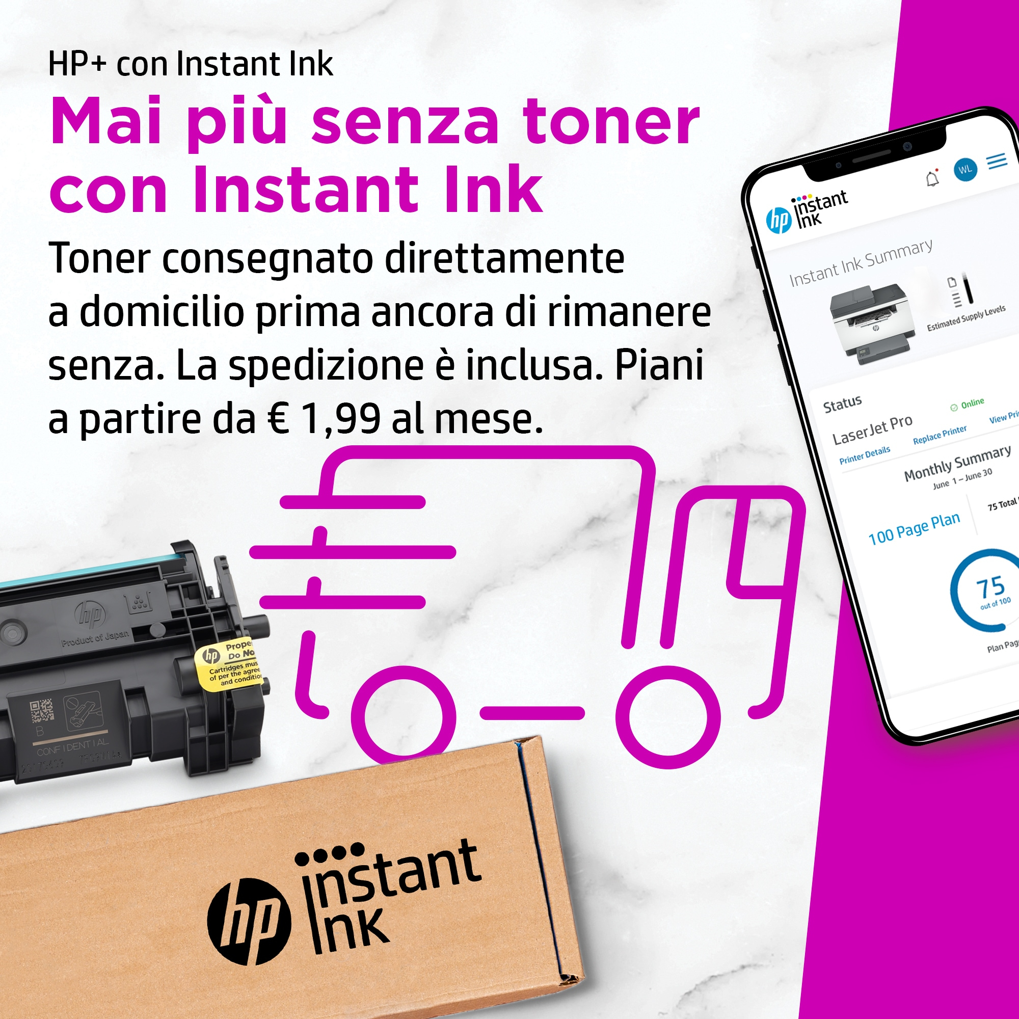 Reklama HP Instant Ink. Pokazuje drukarkę, wkład atramentowy i ekran telefonu.