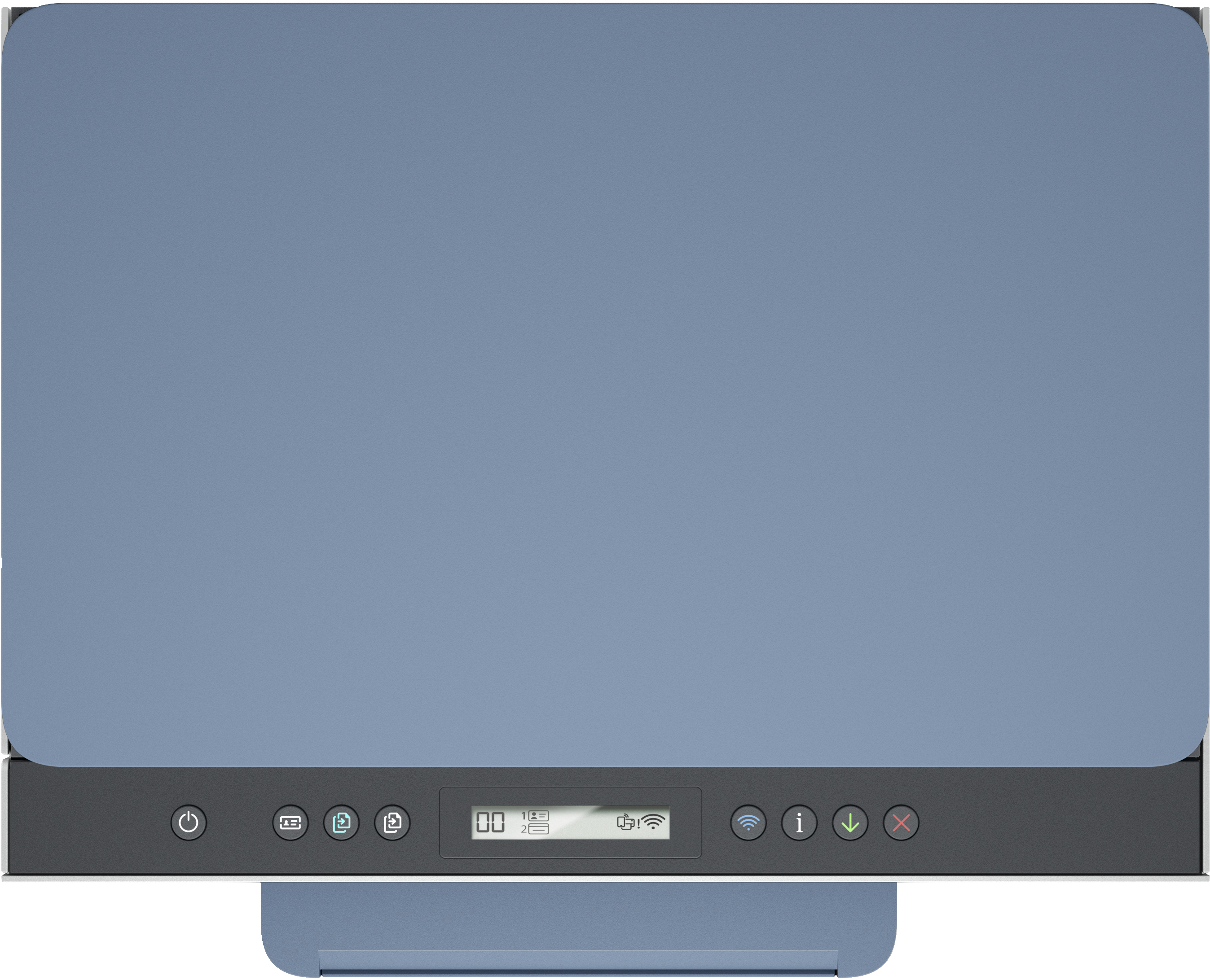 Top view of a blue and black printer showing control panel and paper tray.