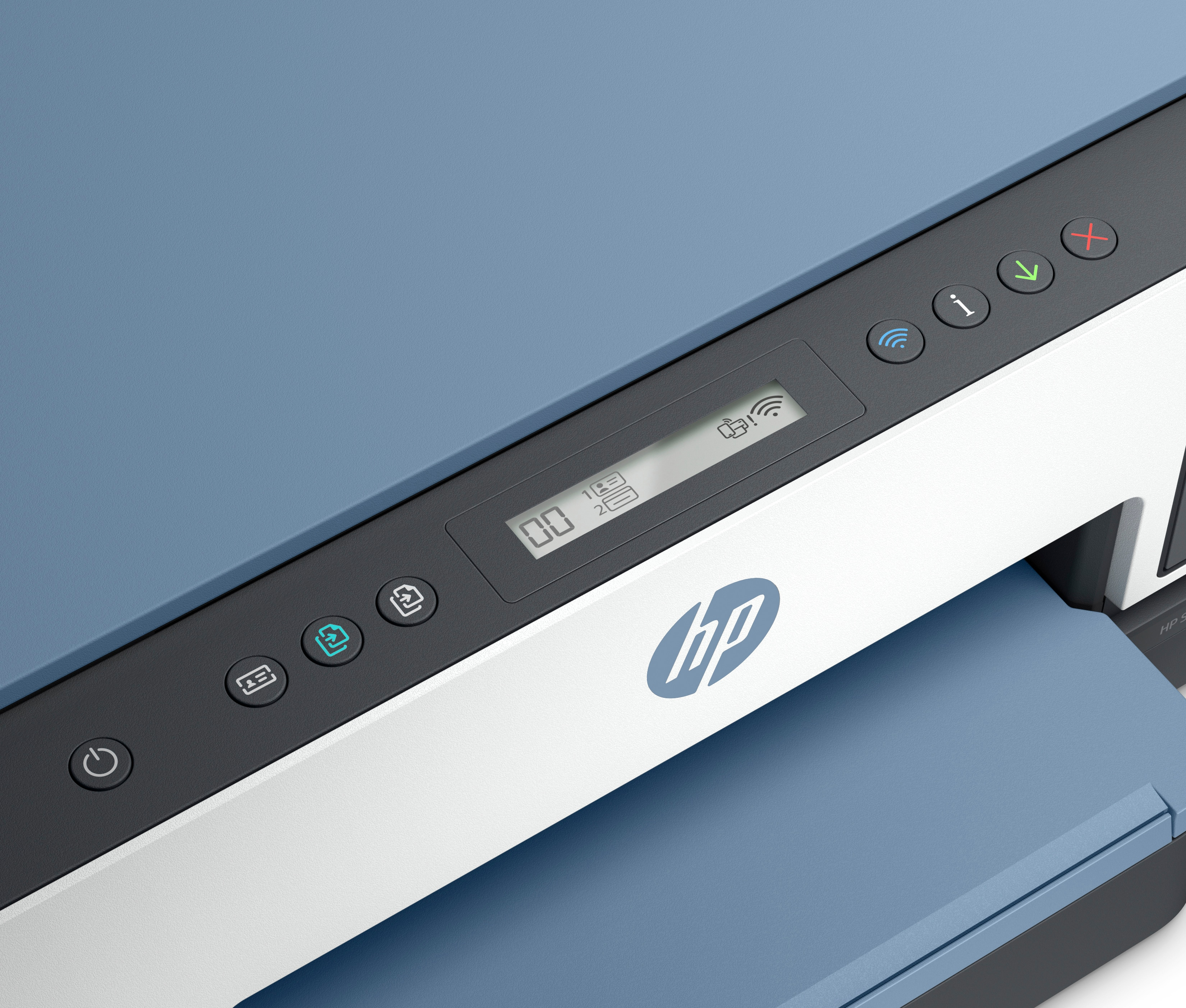 Close-up of an HP printer control panel. Display shows numbers, and various function buttons are visible.