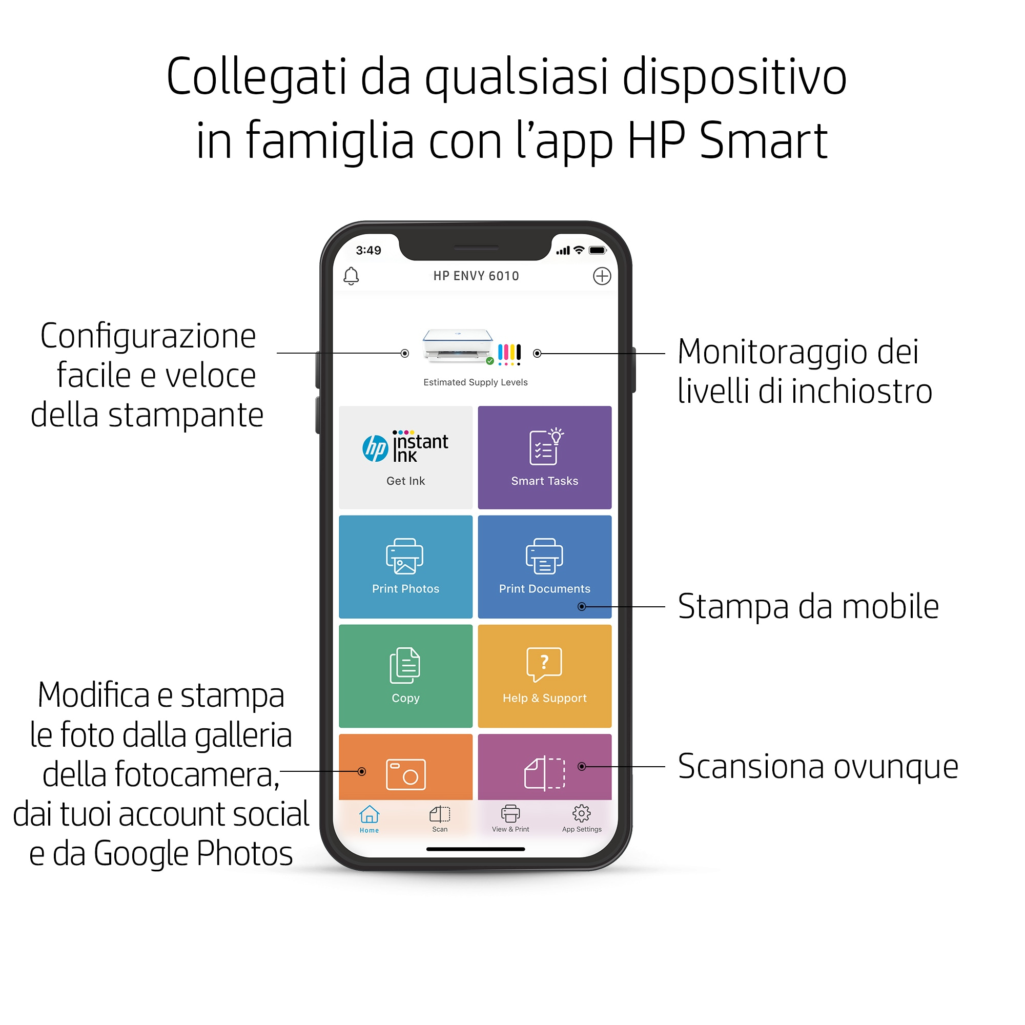 Ein Smartphone-Bildschirm, der eine App-Oberfläche mit Textbeschriftungen anzeigt. Die App bezieht sich auf Druckerfunktionen.