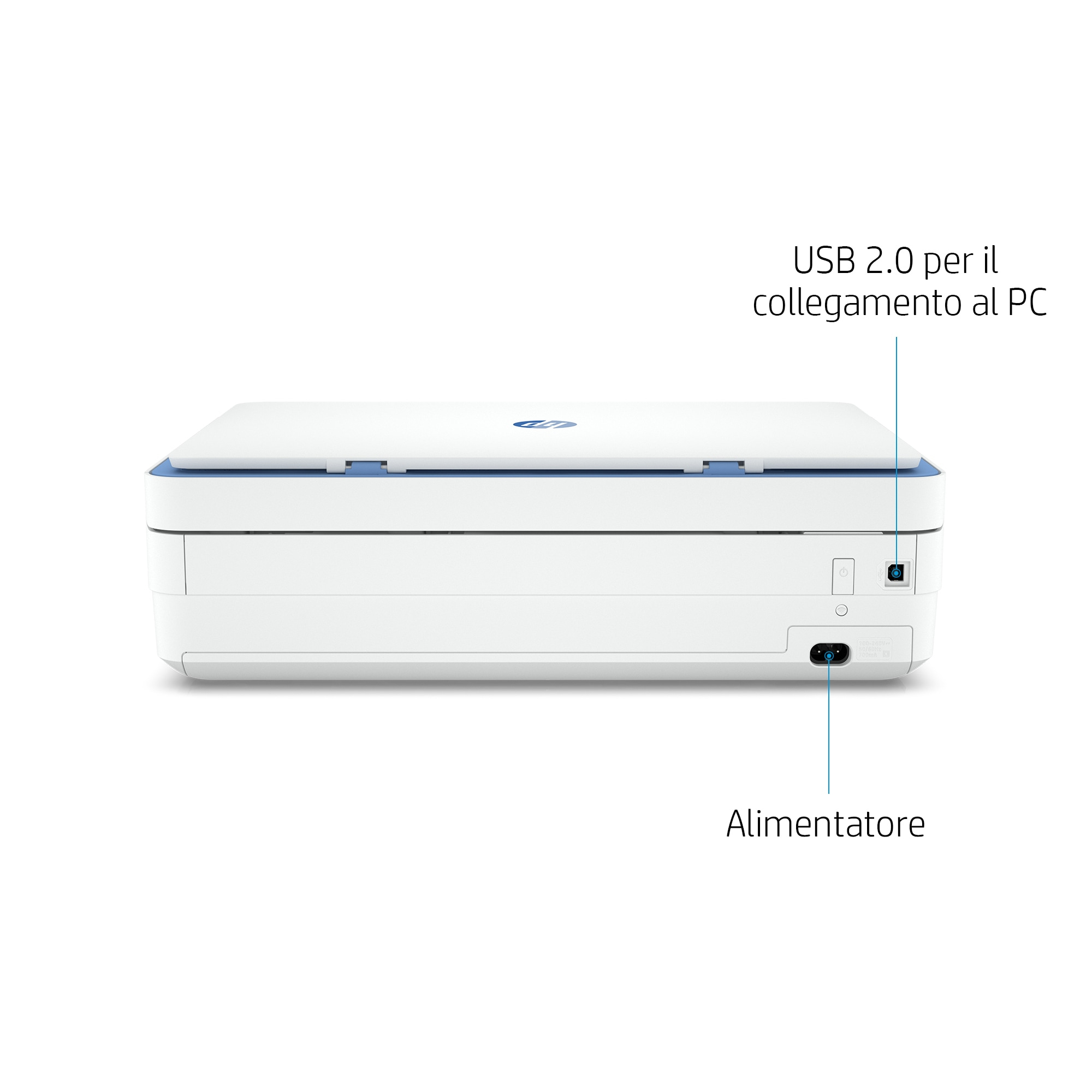 Weißer Drucker mit sichtbarer Rückseite. USB- und Stromanschlüsse. Weißer Hintergrund.
