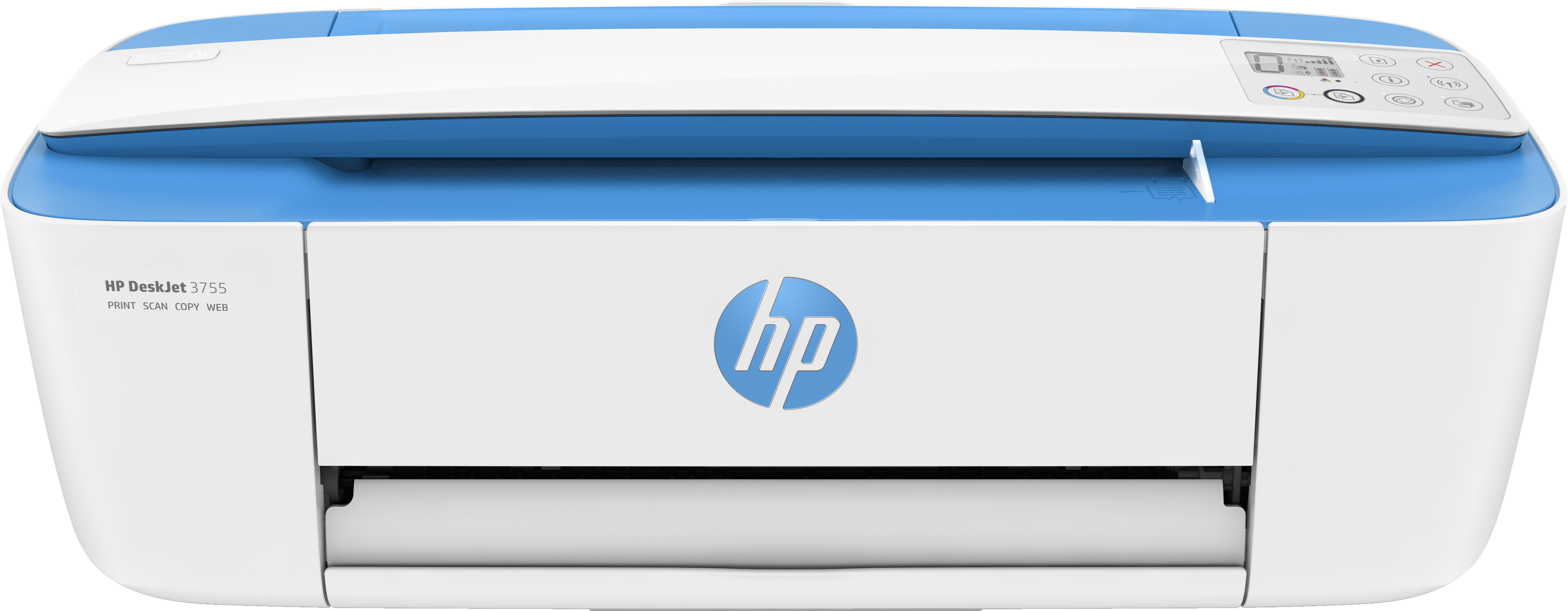 Stampante HP Deskjet 3755 bianca e blu, con logo HP frontale.
