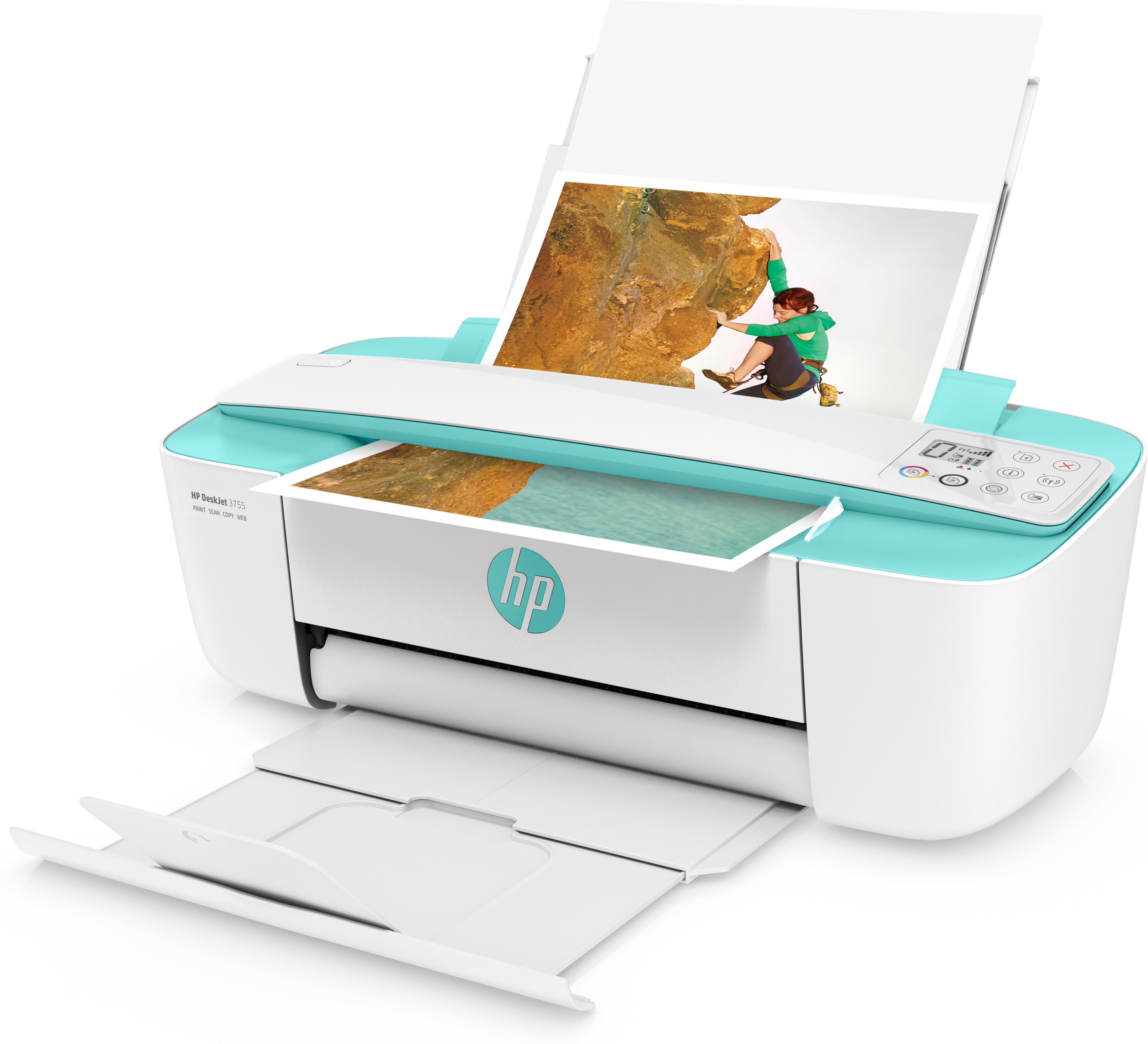 Stampante che stampa foto. Colore bianco e verde acqua. Foto e carta sono visibili.