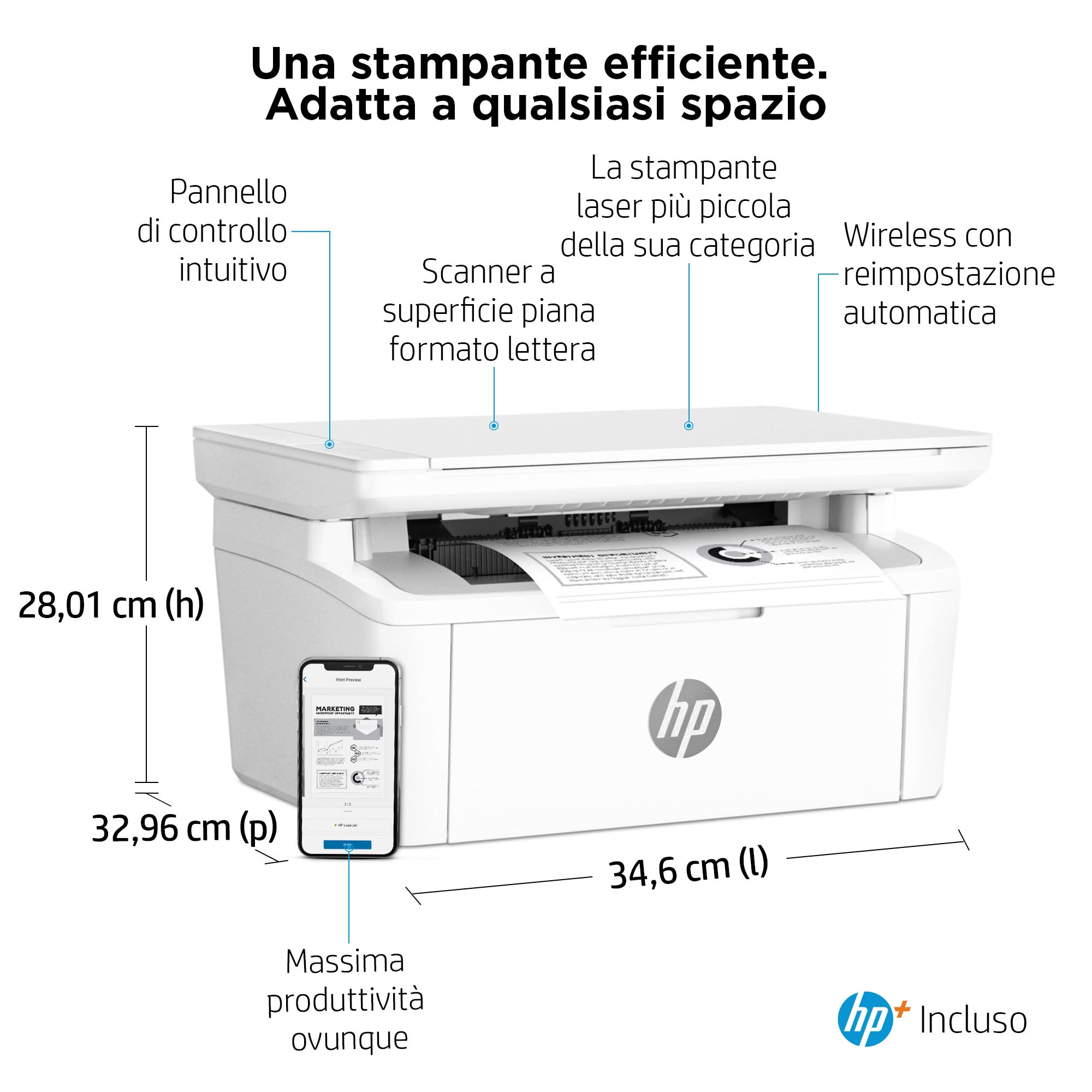 Stampante bianca con un telefono per mostrare il risultato. Le dimensioni sono indicate.