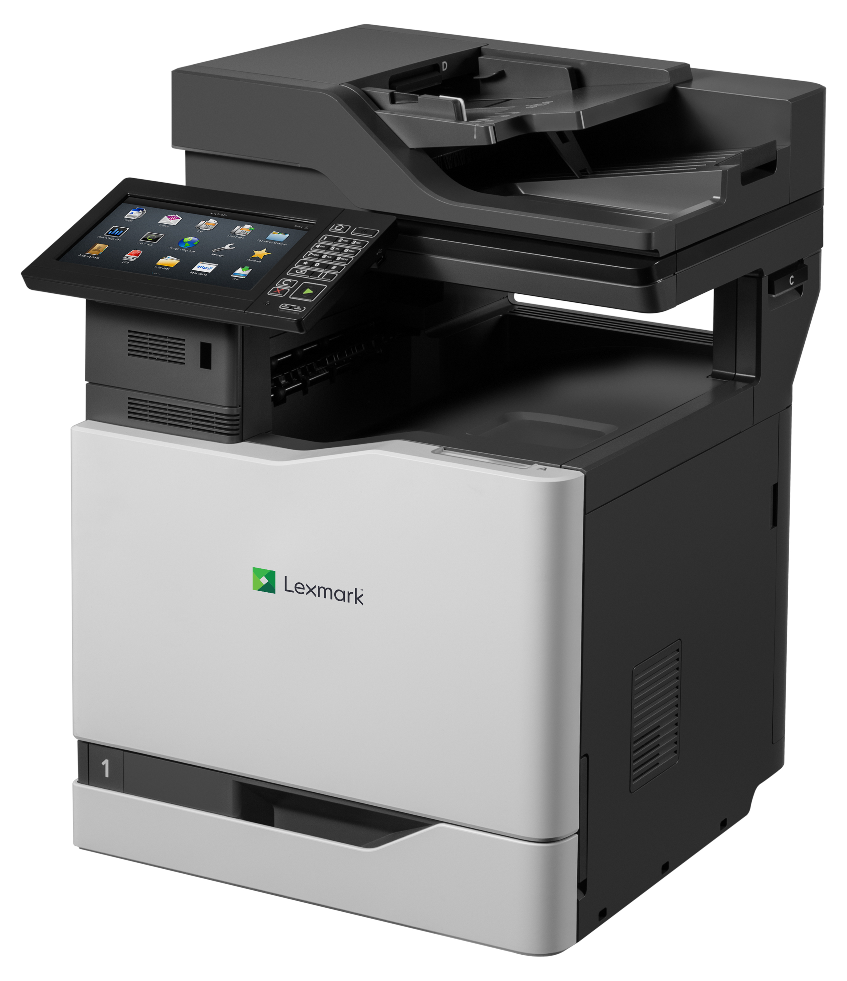 Una stampante Lexmark, bianca e nera. Ha un touchscreen, un vassoio per la carta e un pannello di controllo.