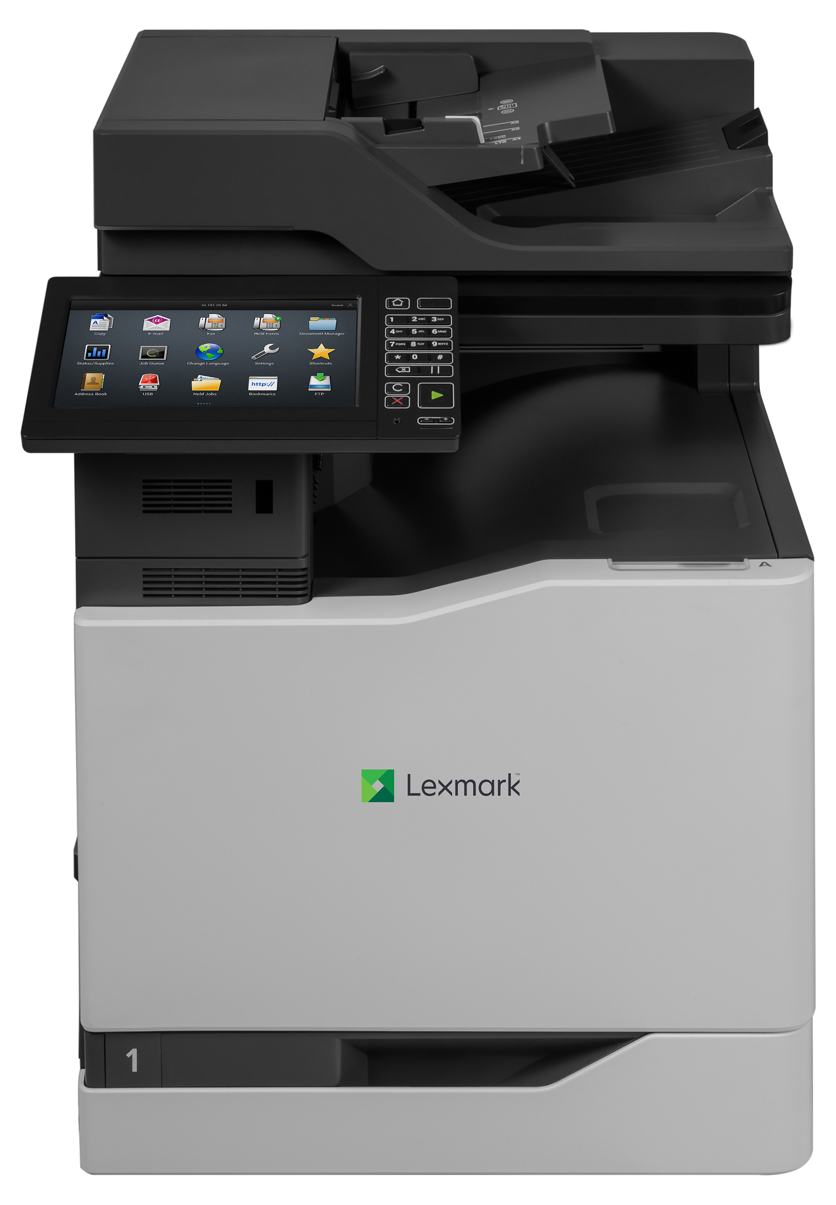 Una grande stampante Lexmark grigia e nera su sfondo bianco.
