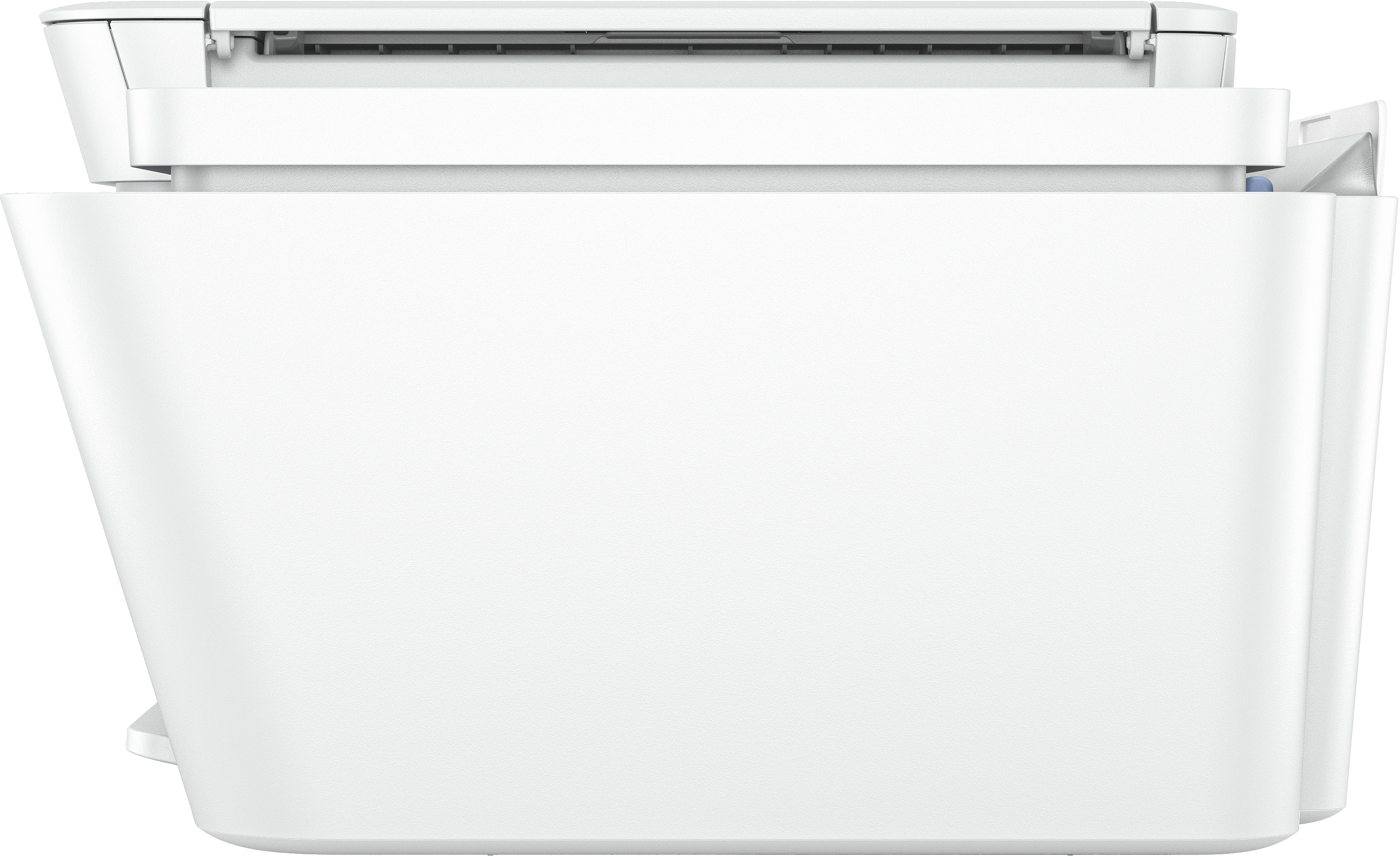 Biała drukarka, widok z boku. Górna pokrywa w górze.