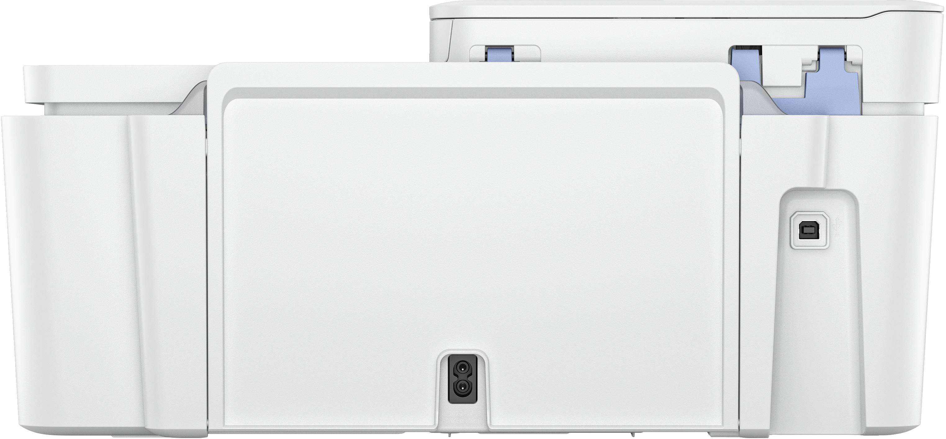 Widok z tyłu białej drukarki z portami zasilania i USB.