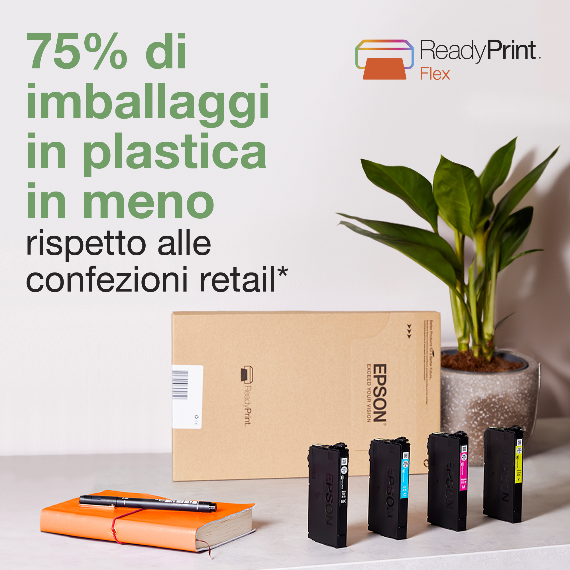 Kartridże z tuszem Epson obok pudełka, notatnika i długopisu. Biały stół, zielona roślina.