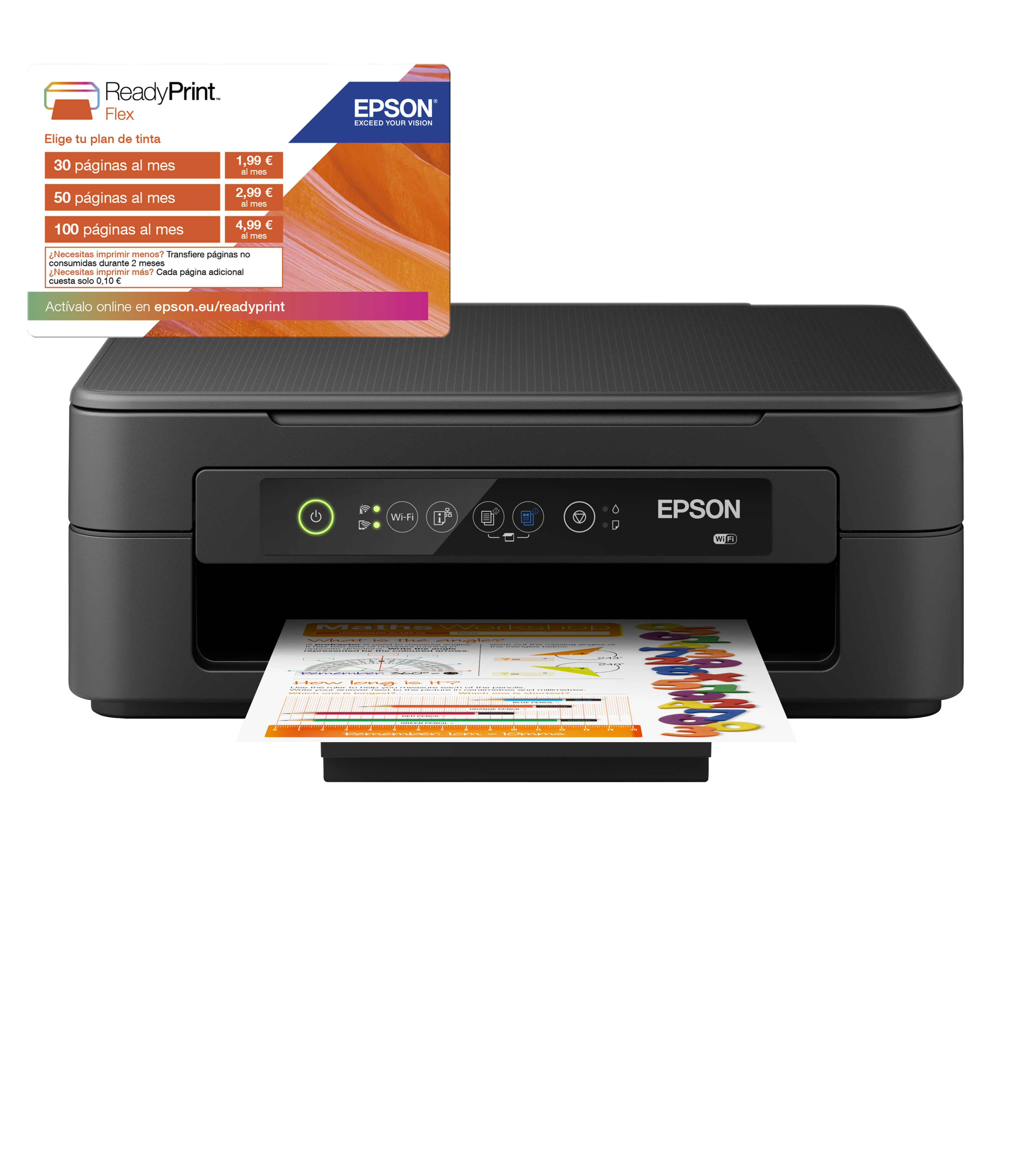 Impresora Epson negra con tarjeta y una impresión. Texto en español en la tarjeta.