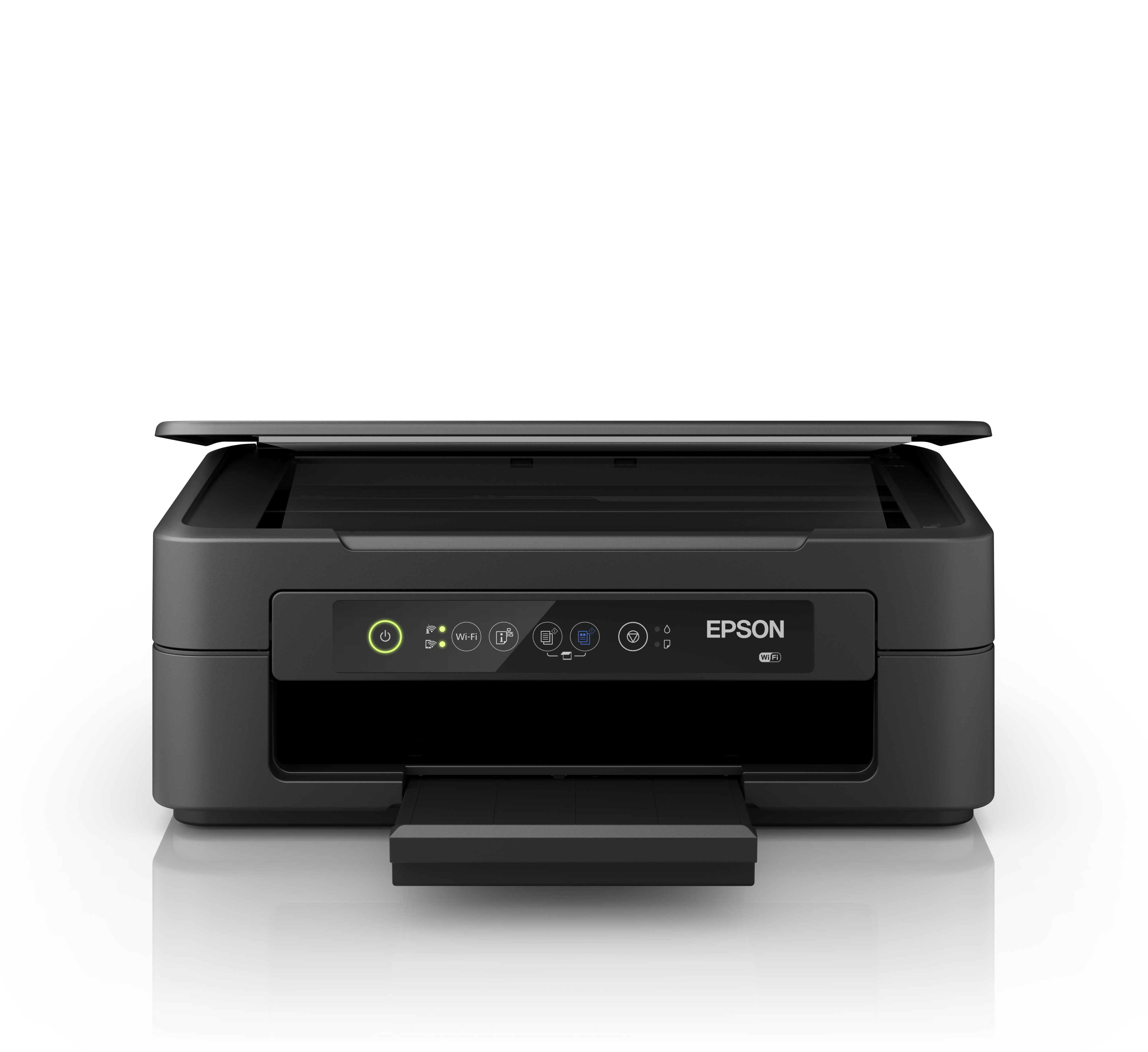 Impresora Epson negra con tapa abierta, bandeja de salida de papel extendida, sobre fondo blanco.