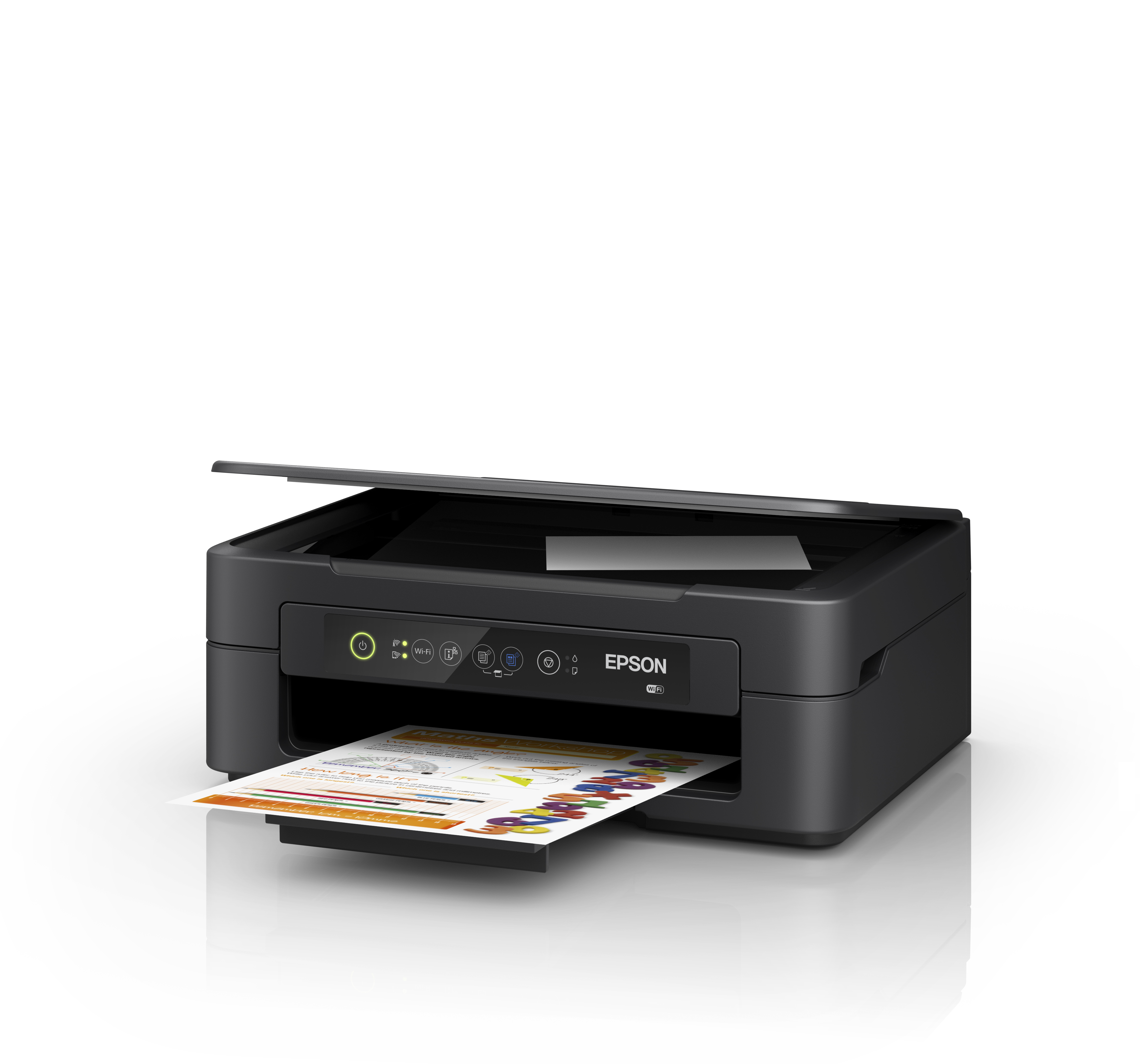 Impresora Epson negra imprimiendo un documento, con la parte superior abierta, sobre fondo blanco.