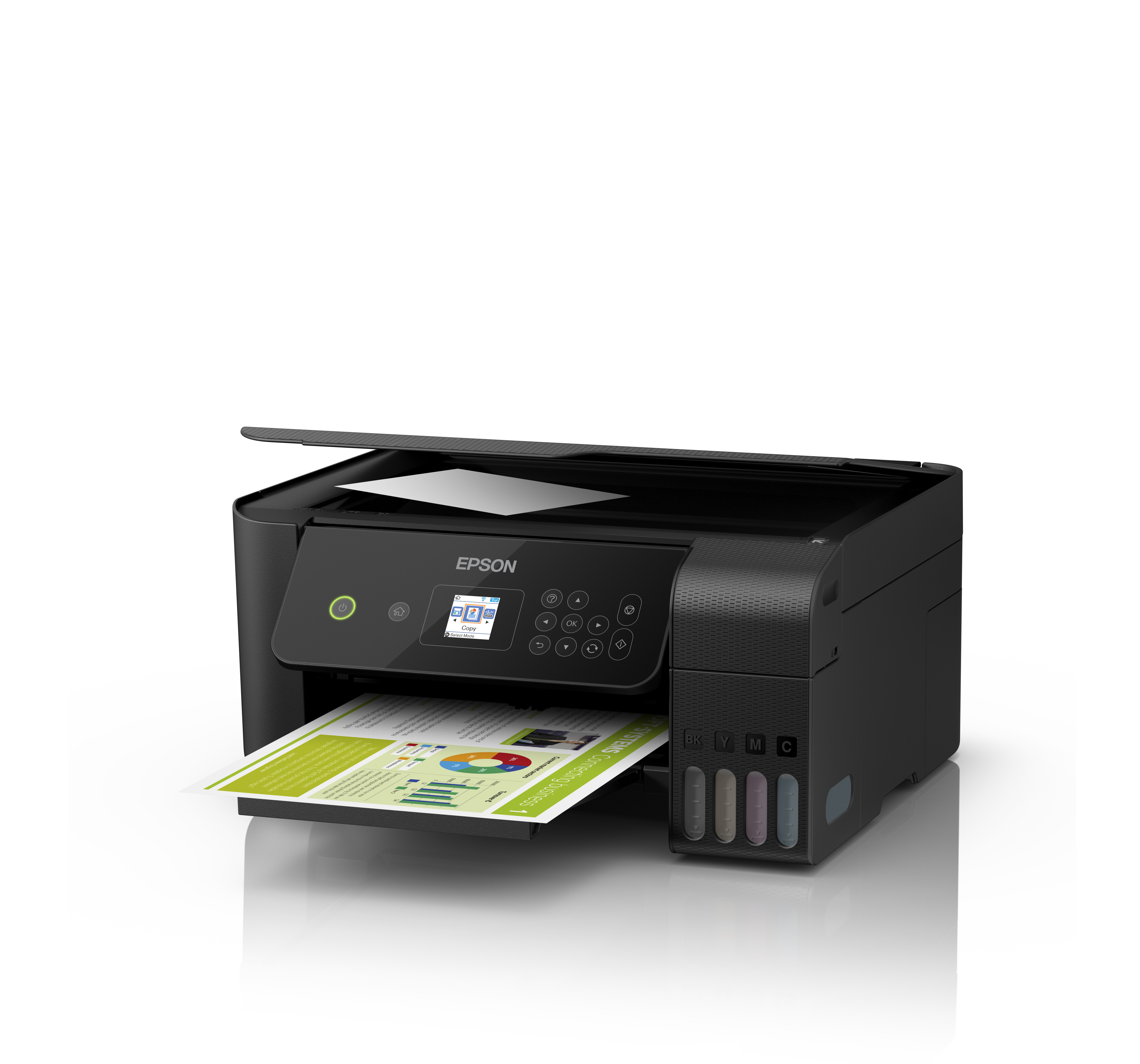 Una stampante Epson stampa un foglio con un grafico. La stampante è nera con serbatoi di inchiostro a colori.