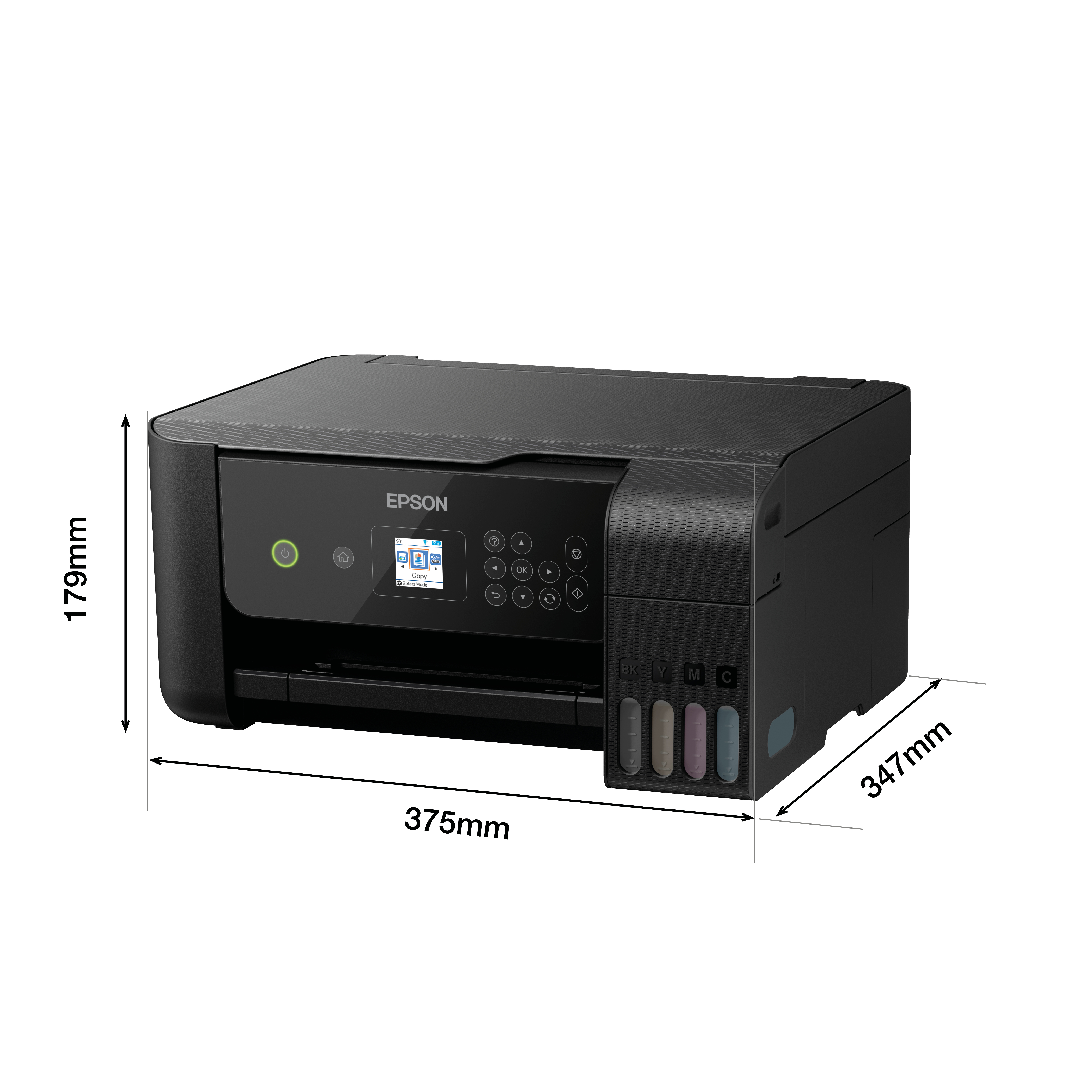 Stampante Epson nera con dimensioni. Contiene cartucce e pannello di controllo.