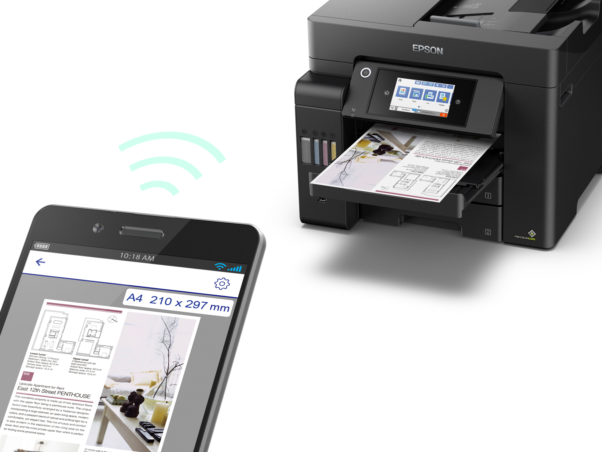 Una stampante che stampa un documento, con un telefono che visualizza lo stesso documento in modalità wireless.
