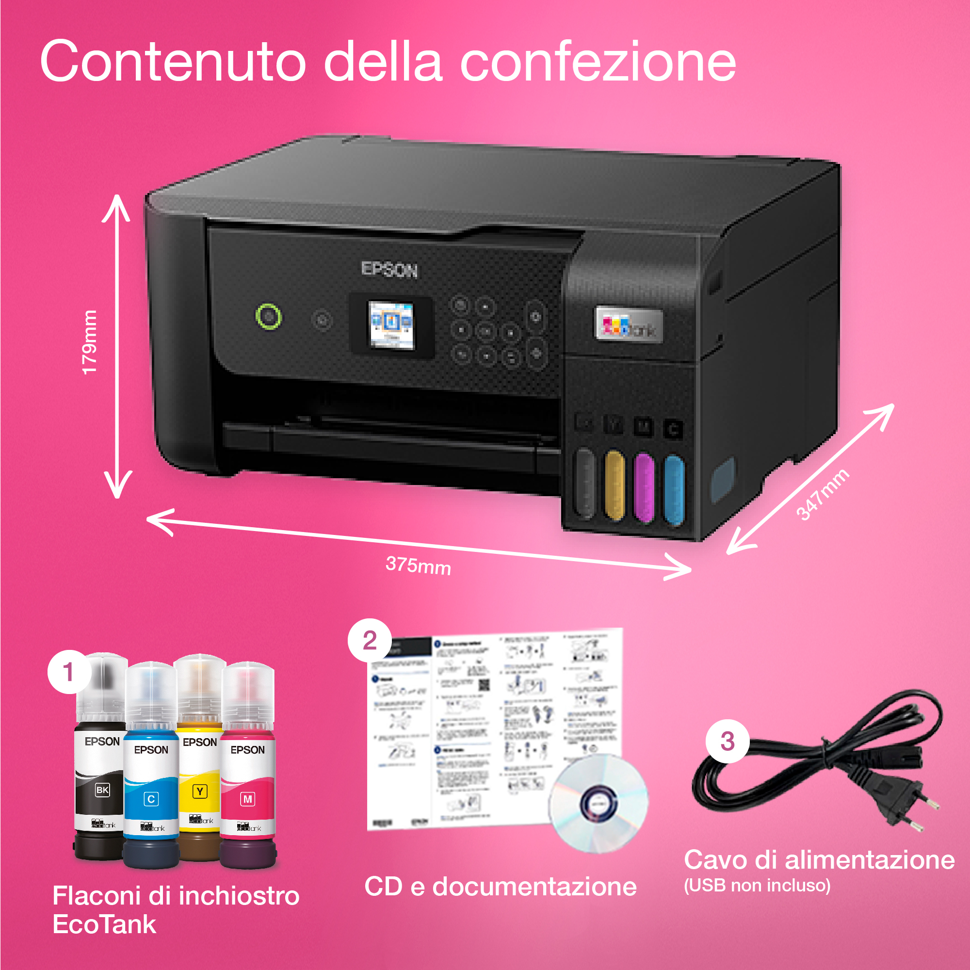 Scatola stampante Epson con inchiostro, CD e cavo di alimentazione, con etichette dimensionali.
