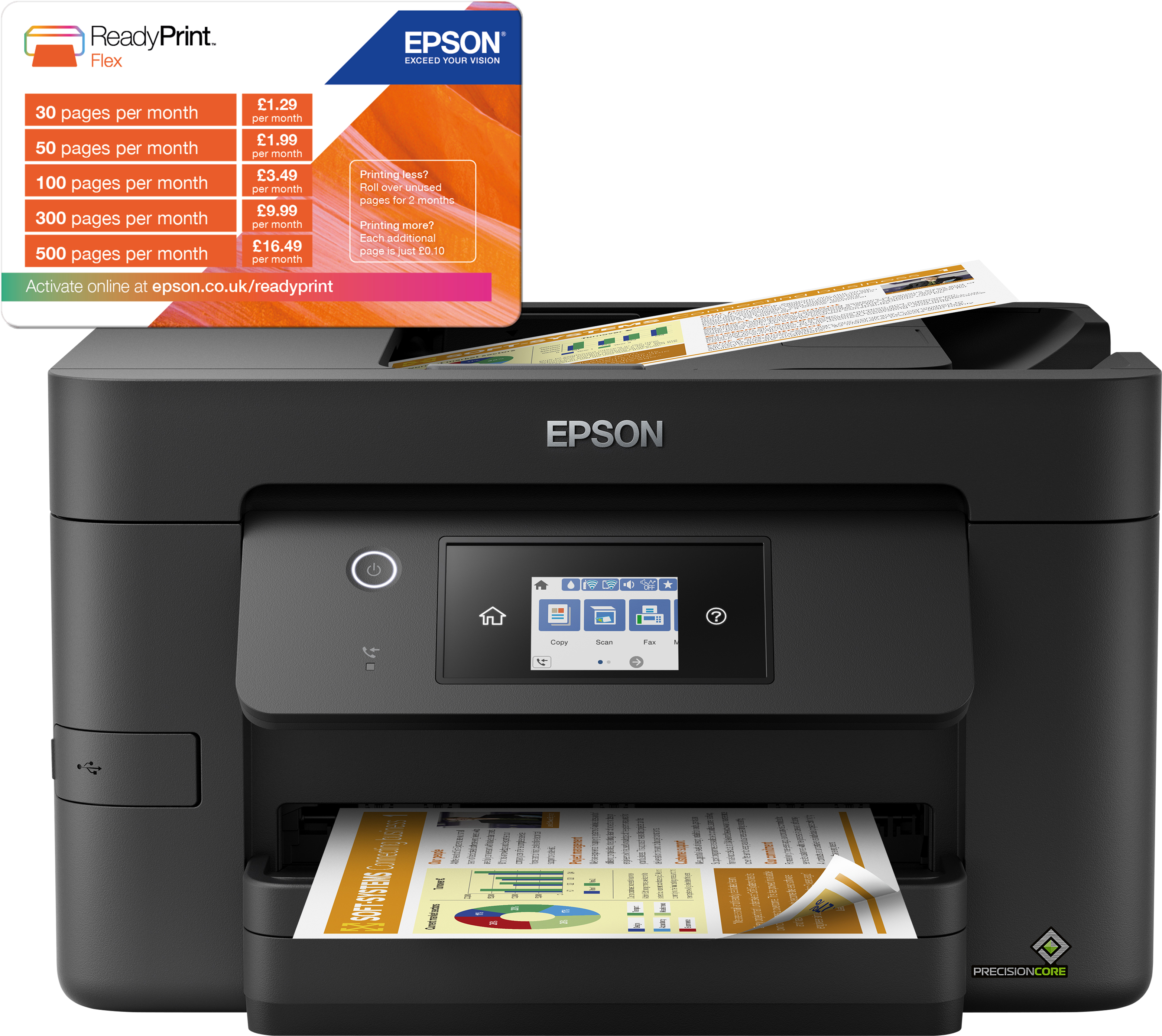 Drukarka Epson z ofertą ReadyPrint Flex, wyświetlająca szczegóły cenowe.