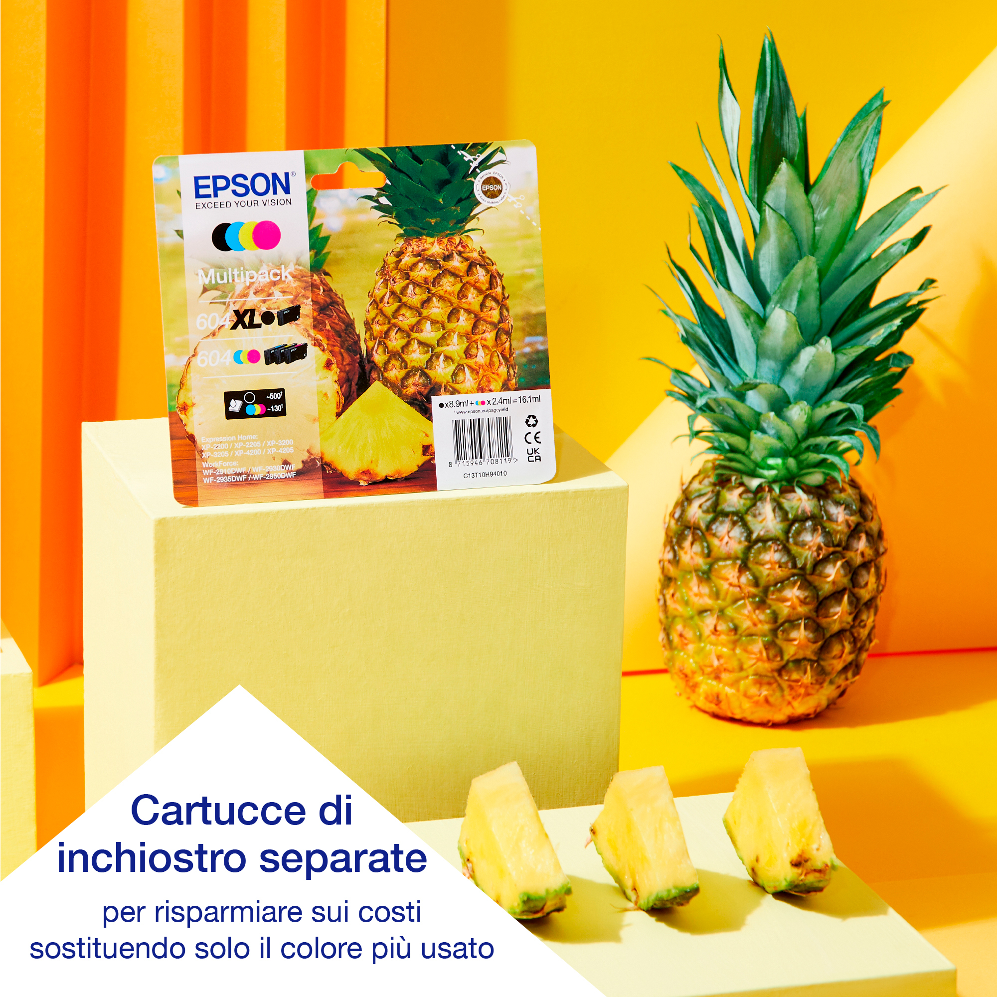 Wkłady atramentowe Epson i ananas z tekstem dotyczącym oszczędzania kosztów poprzez wymianę tylko używanych kolorów.