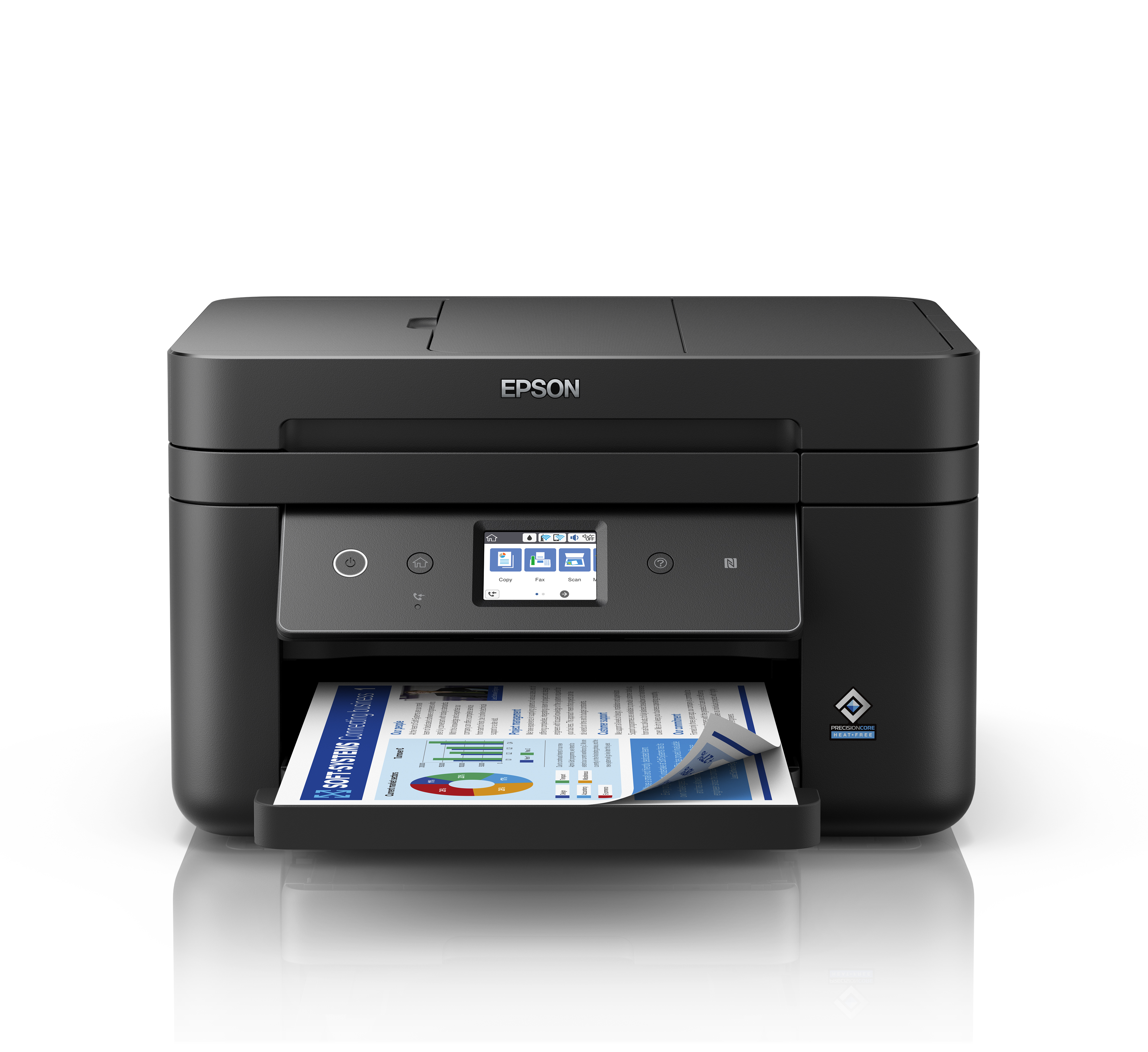 Una stampante Epson, nera, con un vassoio per la carta che contiene un documento stampato.
