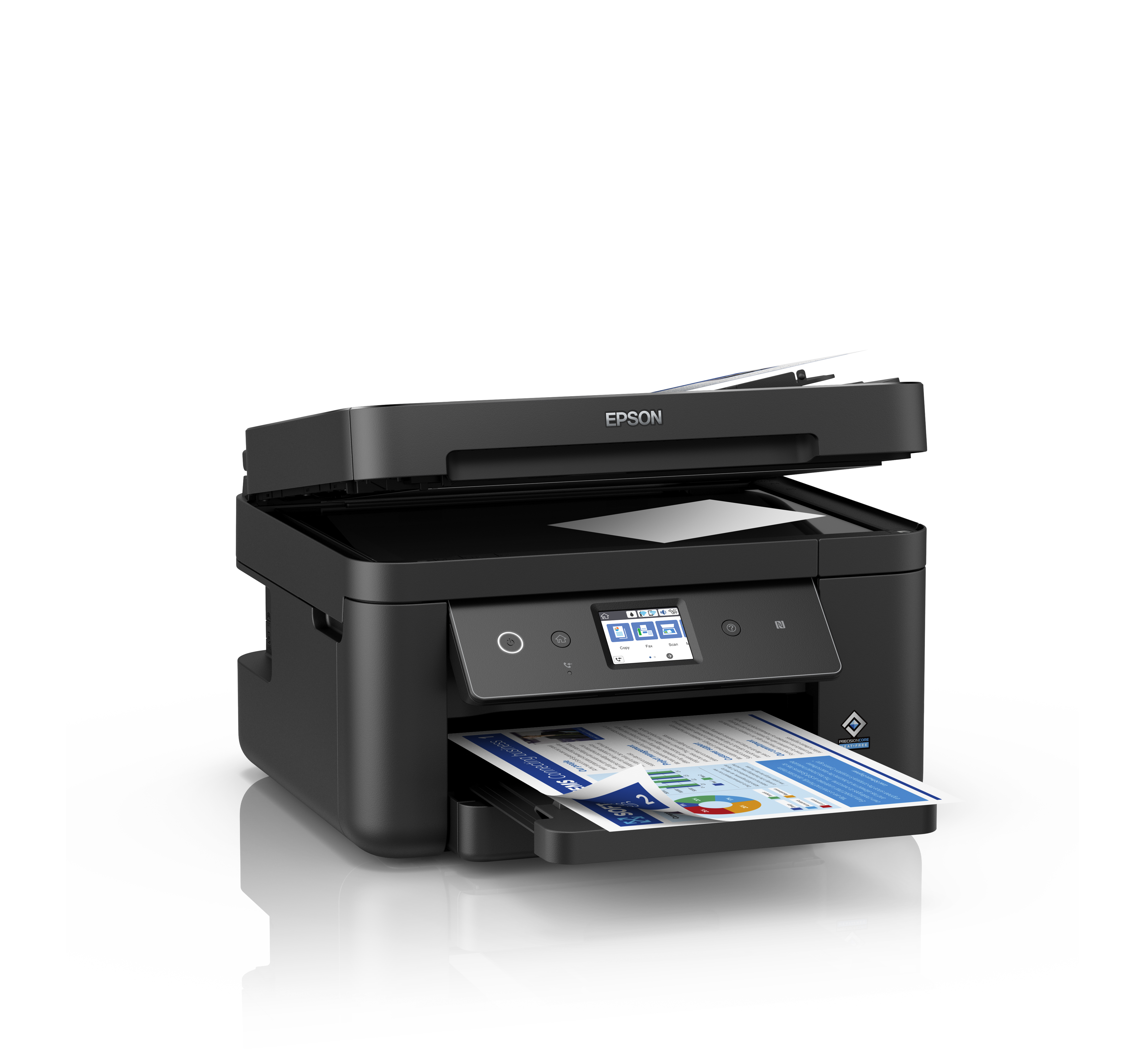 Stampante Epson nera con carta che esce dal vassoio.