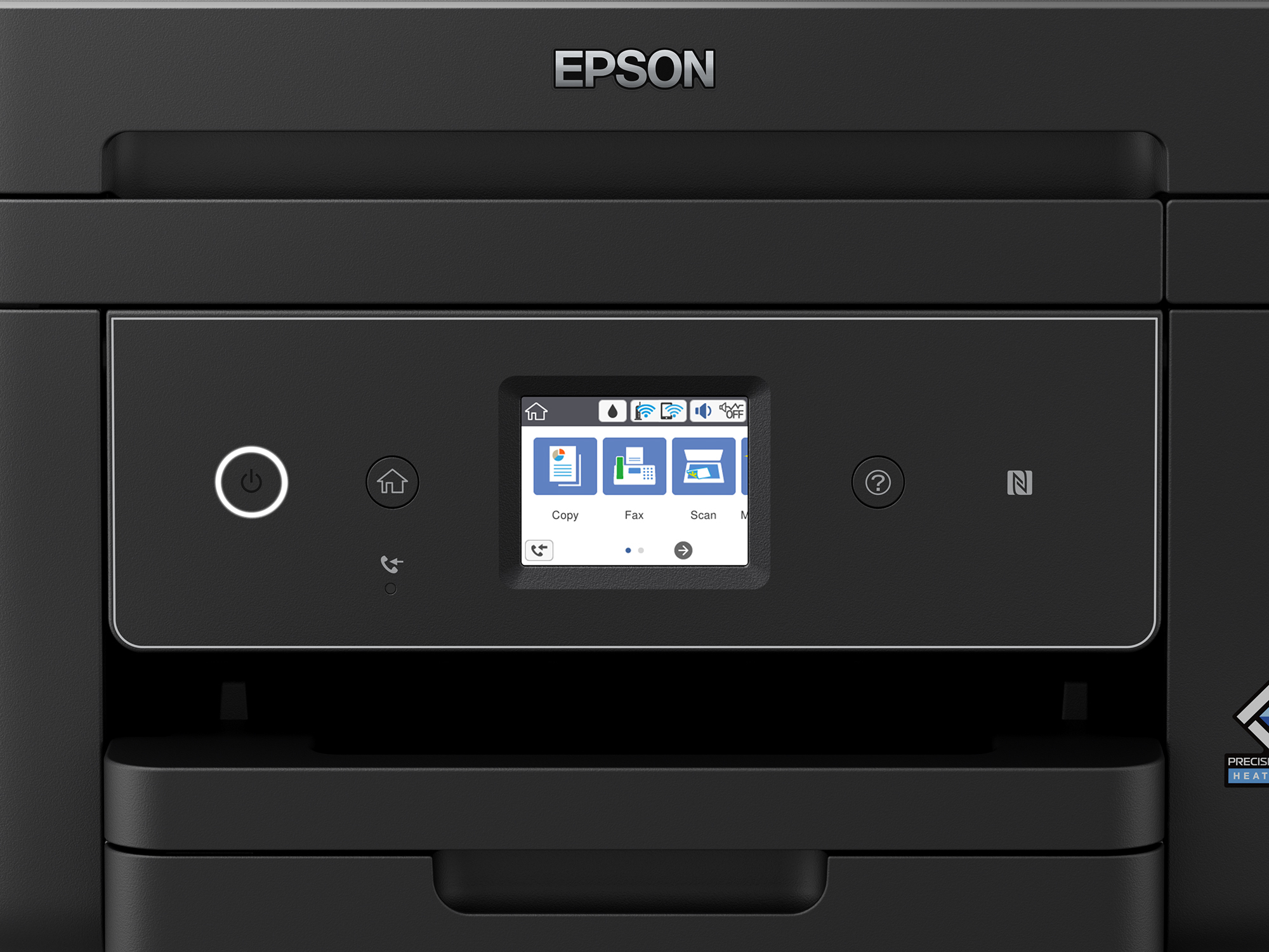 Primo piano di una stampante nera con schermo. Il logo EPSON è visualizzato in alto.
