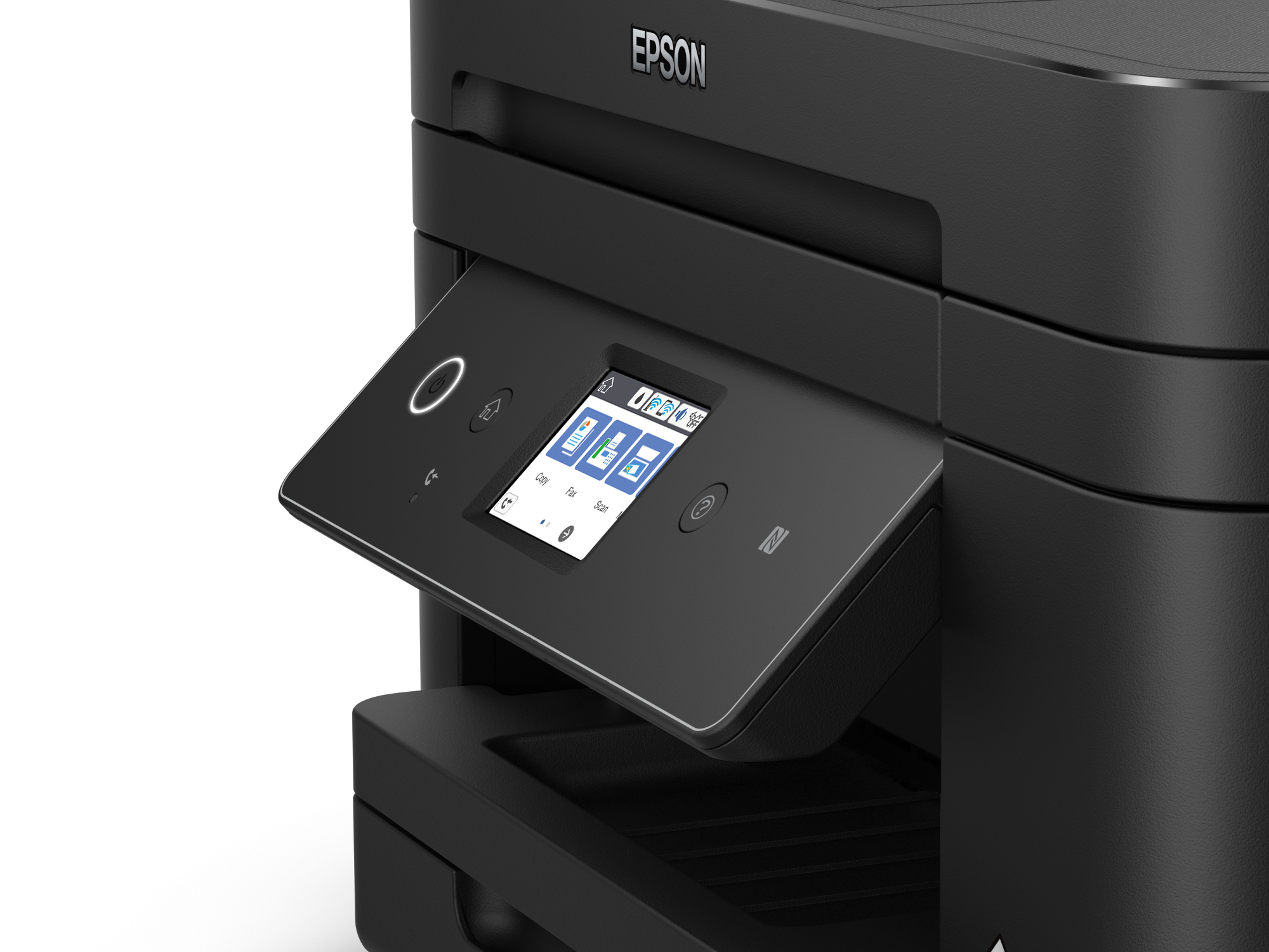 Una stampante nera con schermo aperto. Il logo Epson è visibile. Lo sfondo è bianco.