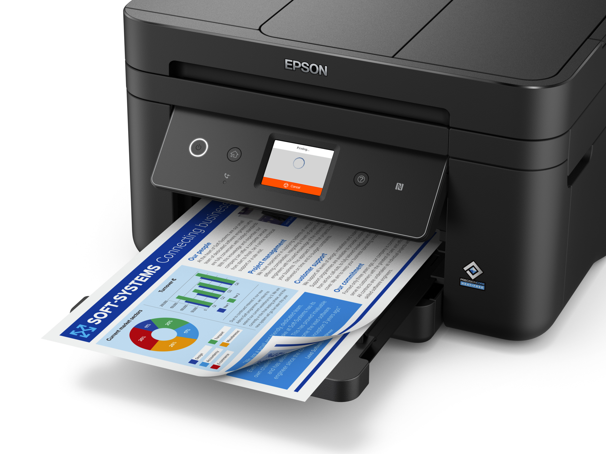 Stampante Epson nera che stampa un documento con grafici. Sfondo bianco.