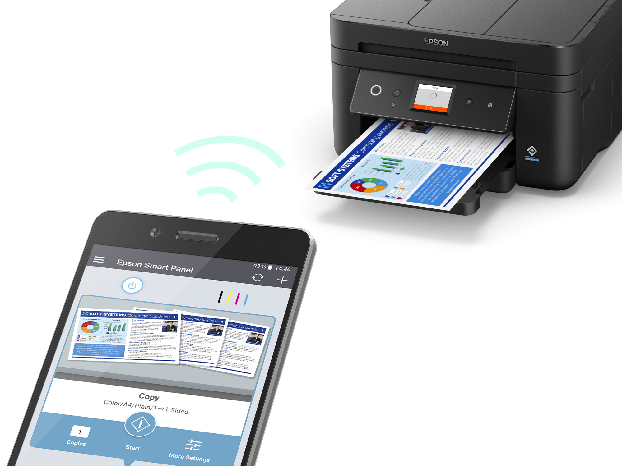 Stampante Epson che stampa dallo schermo di un telefono. Segnale wireless sopra la stampante.