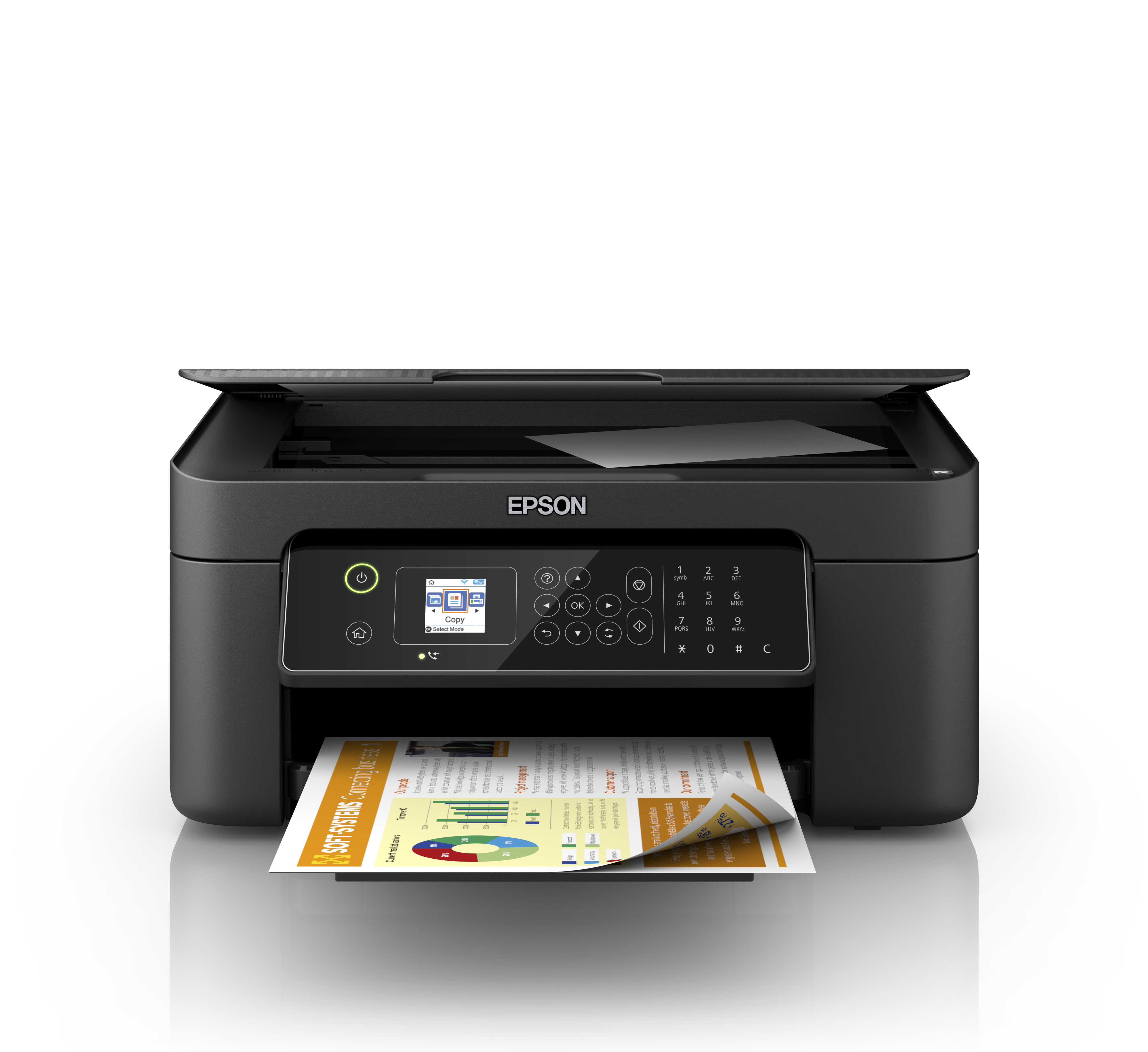 Stampante Epson nera con vassoio di uscita carta e pannello di controllo.