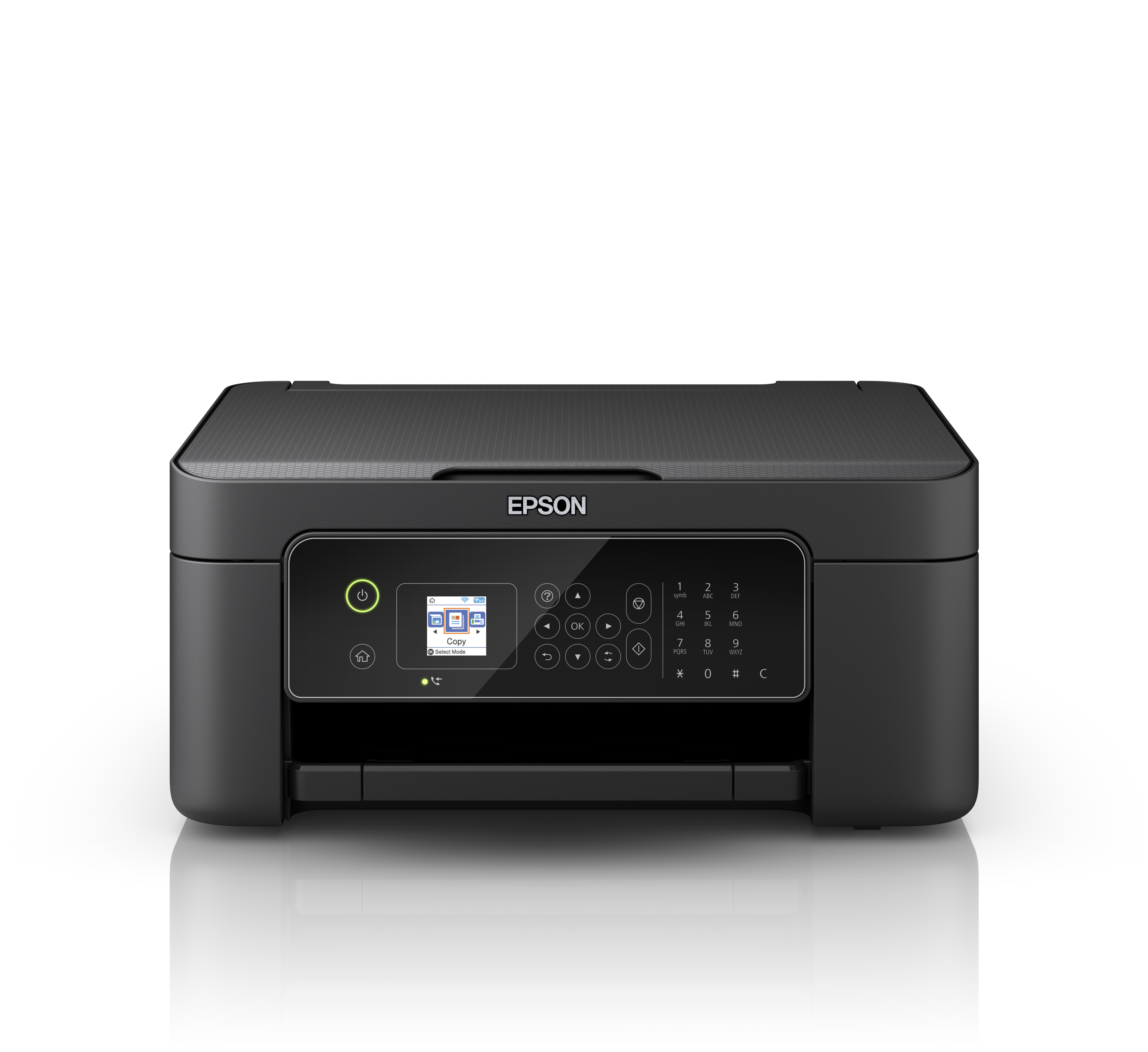 Una stampante Epson nera con un pannello di controllo. È su una superficie bianca.