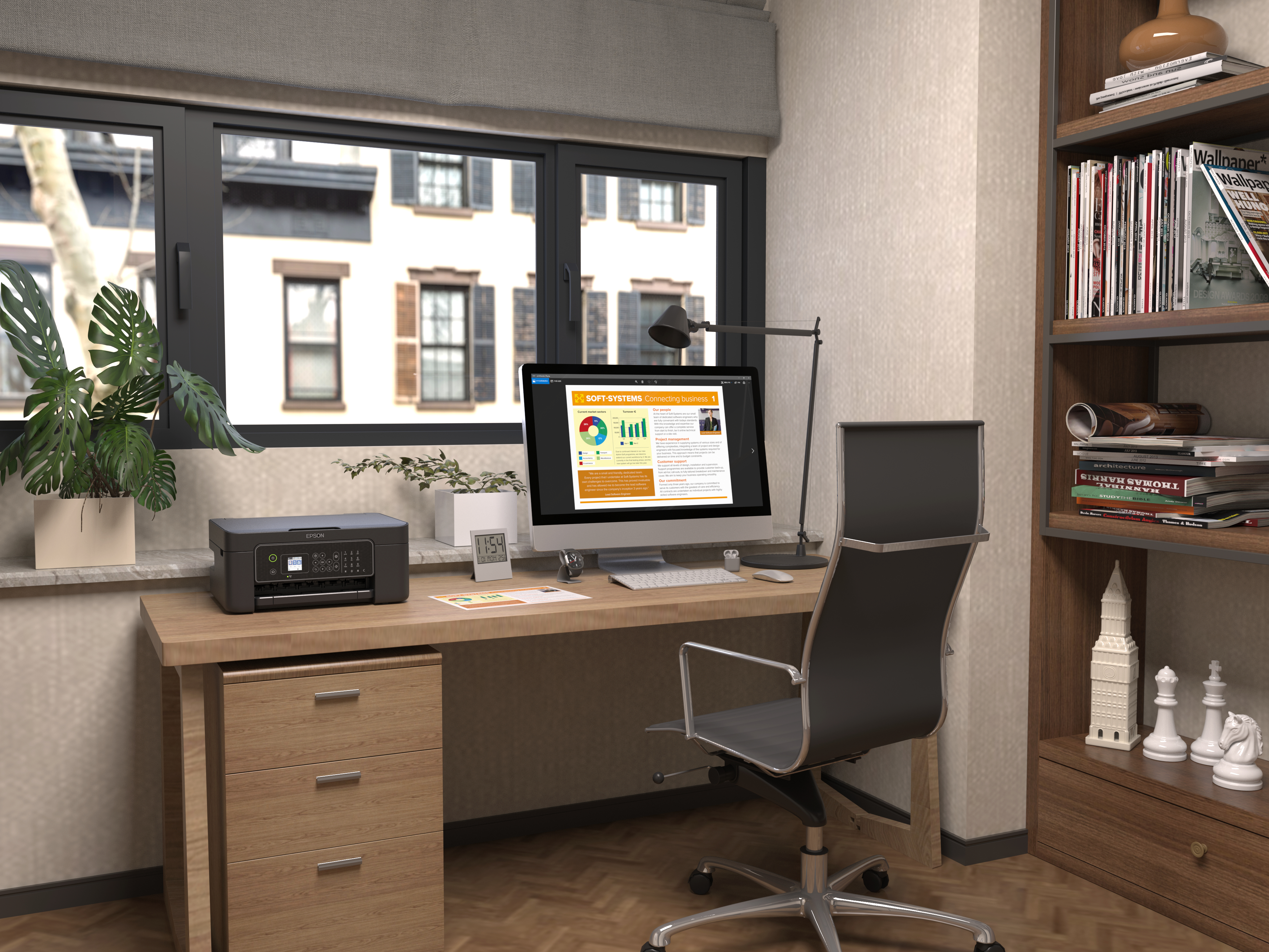 Un home office. Scrivania con computer, stampante, libri e una pianta.