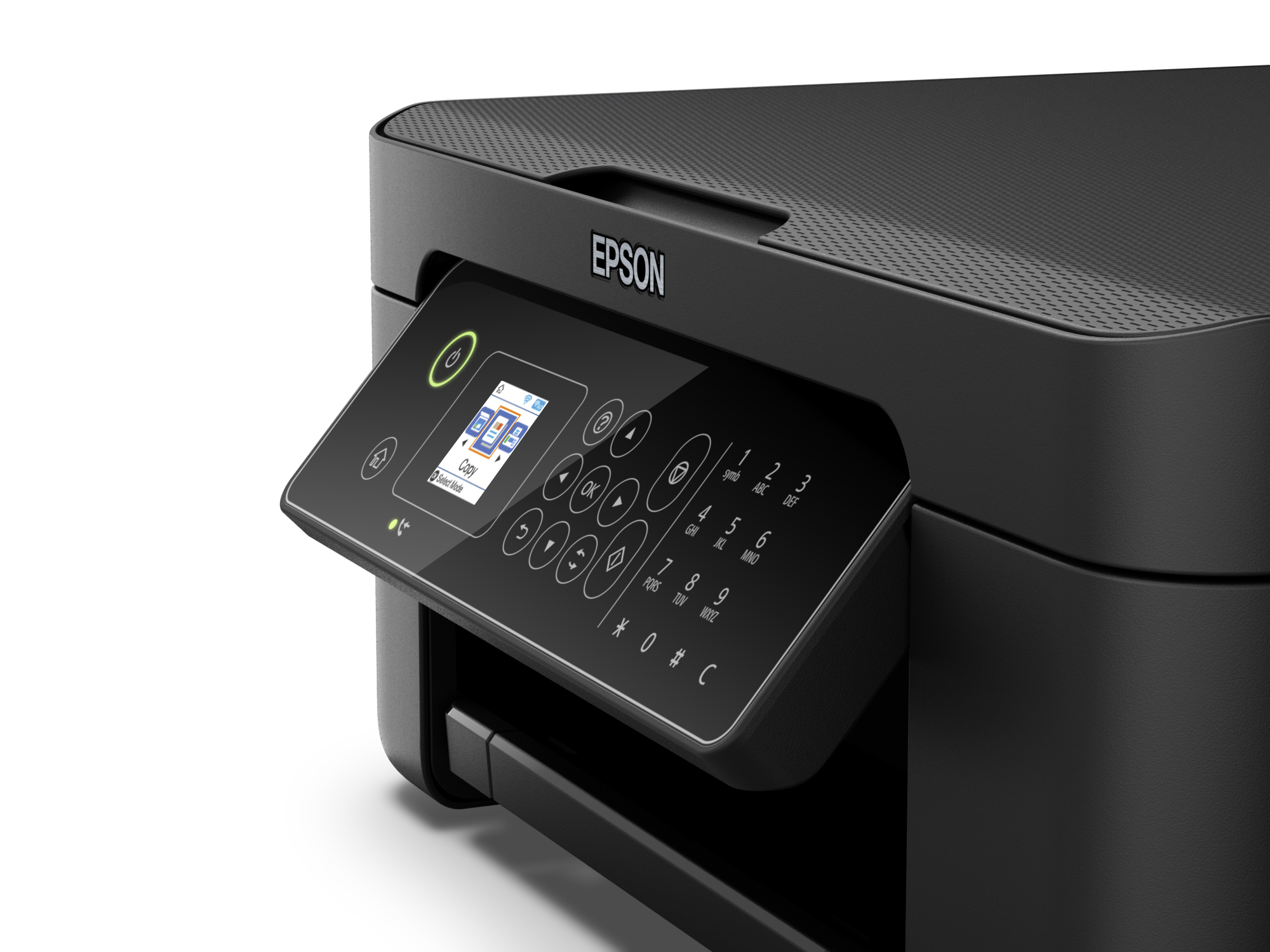 Stampante Epson nera, pannello di controllo aperto. Lo schermo mostra icone, pulsanti. Logo Epson visibile.