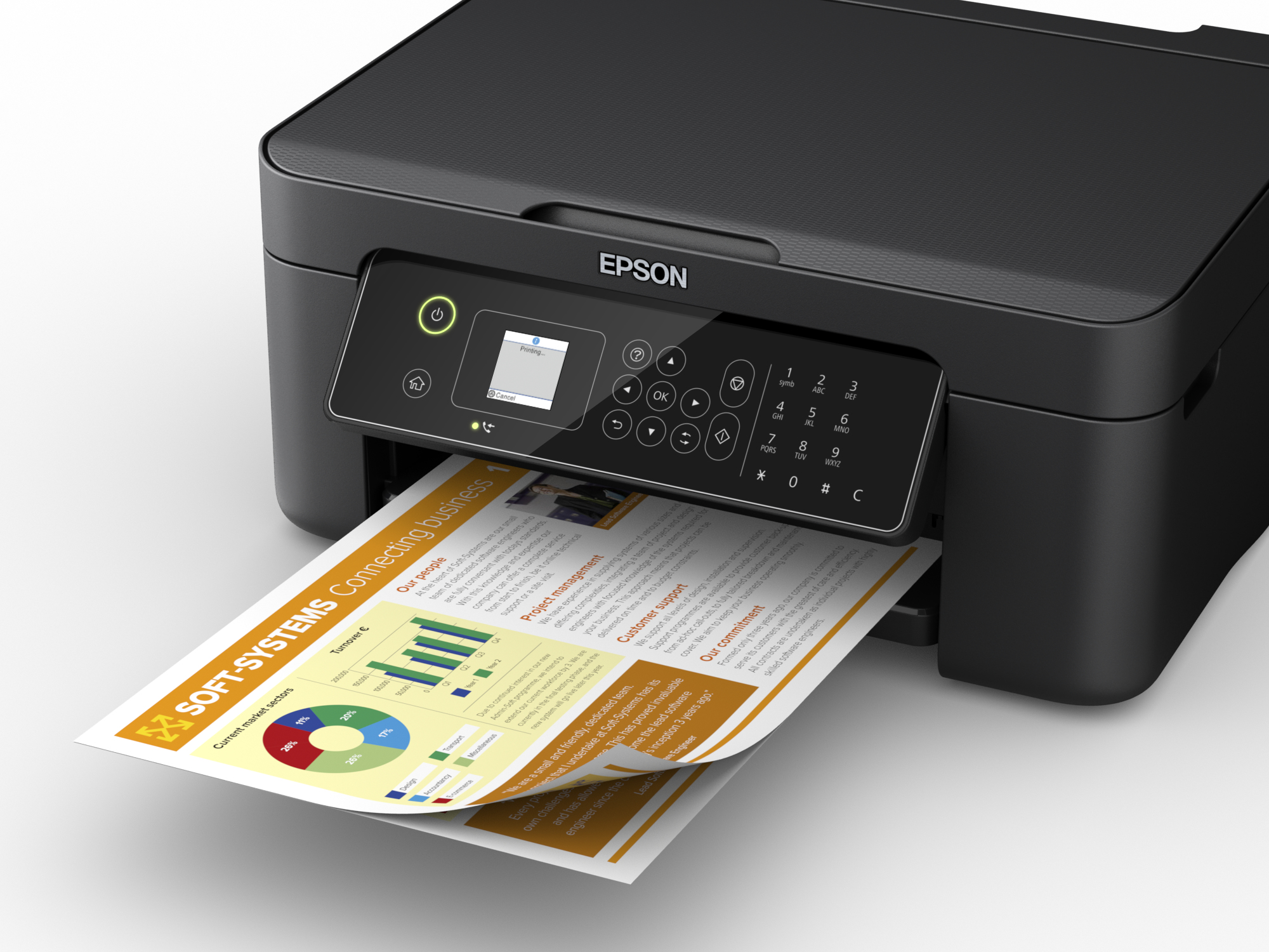 Una stampante Epson stampa un documento. La stampante è nera, una pagina stampata è visibile.