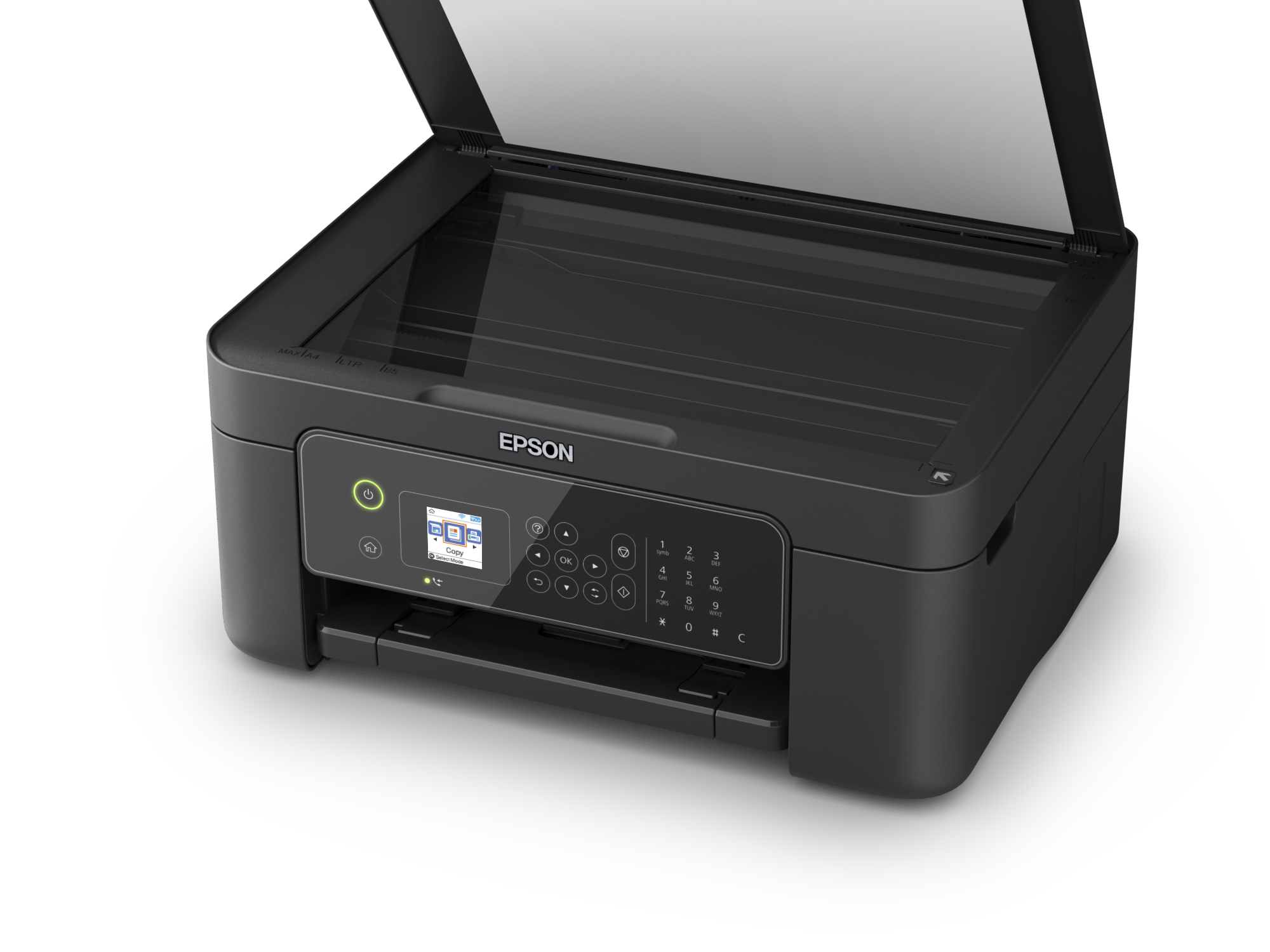 Stampante Epson nera con coperchio aperto, pannello di controllo e vassoio carta. Sfondo bianco.