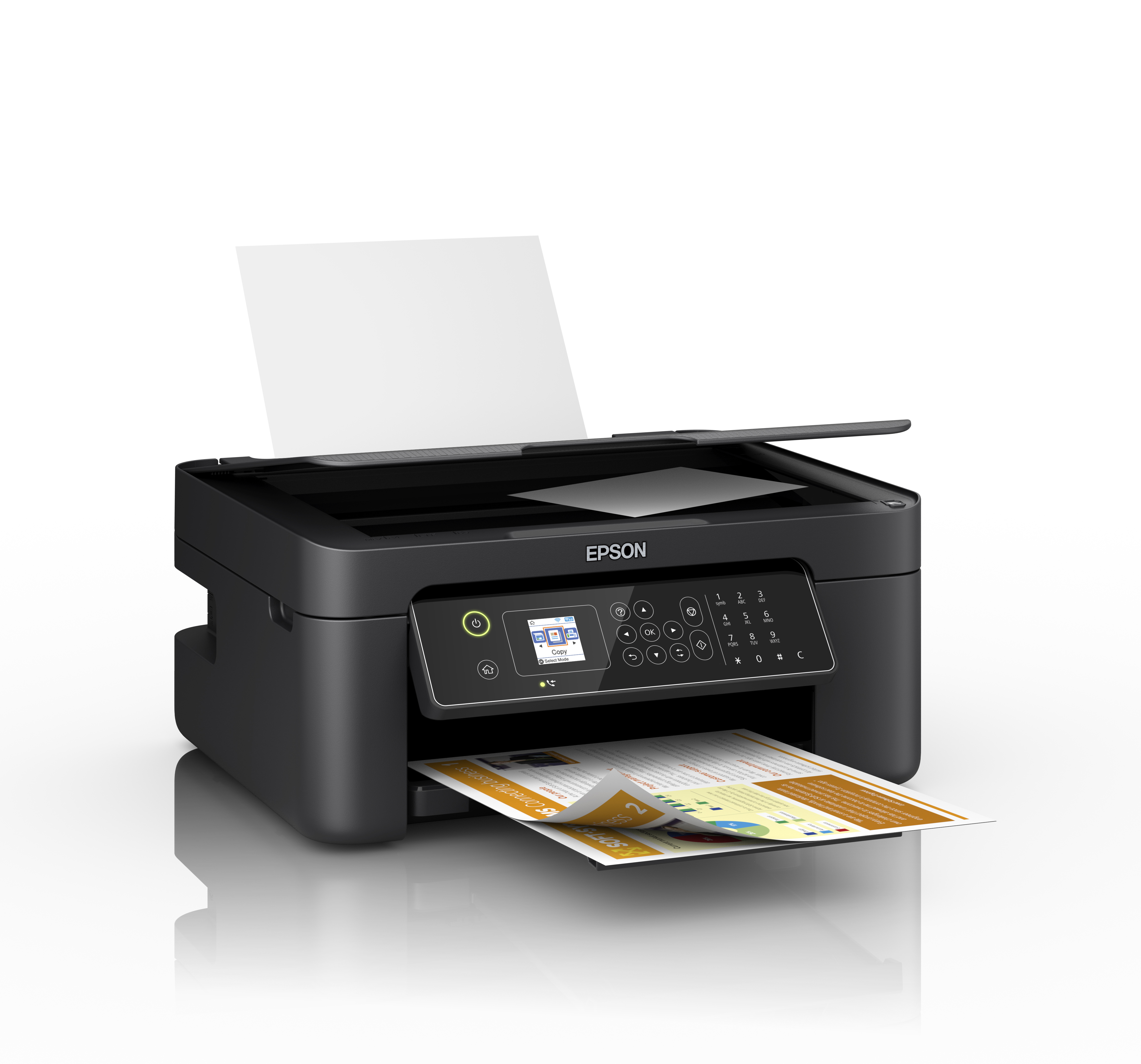 Stampante Epson nera con uscita e ingresso carta. La stampante è su una superficie bianca.