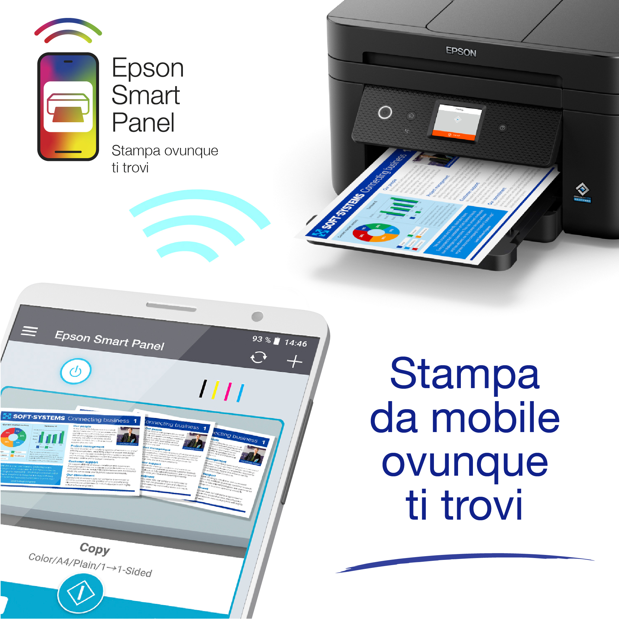 Drukarka Epson ze smartfonem. Drukarka drukuje dokumenty bezprzewodowo, a telefon wyświetla.