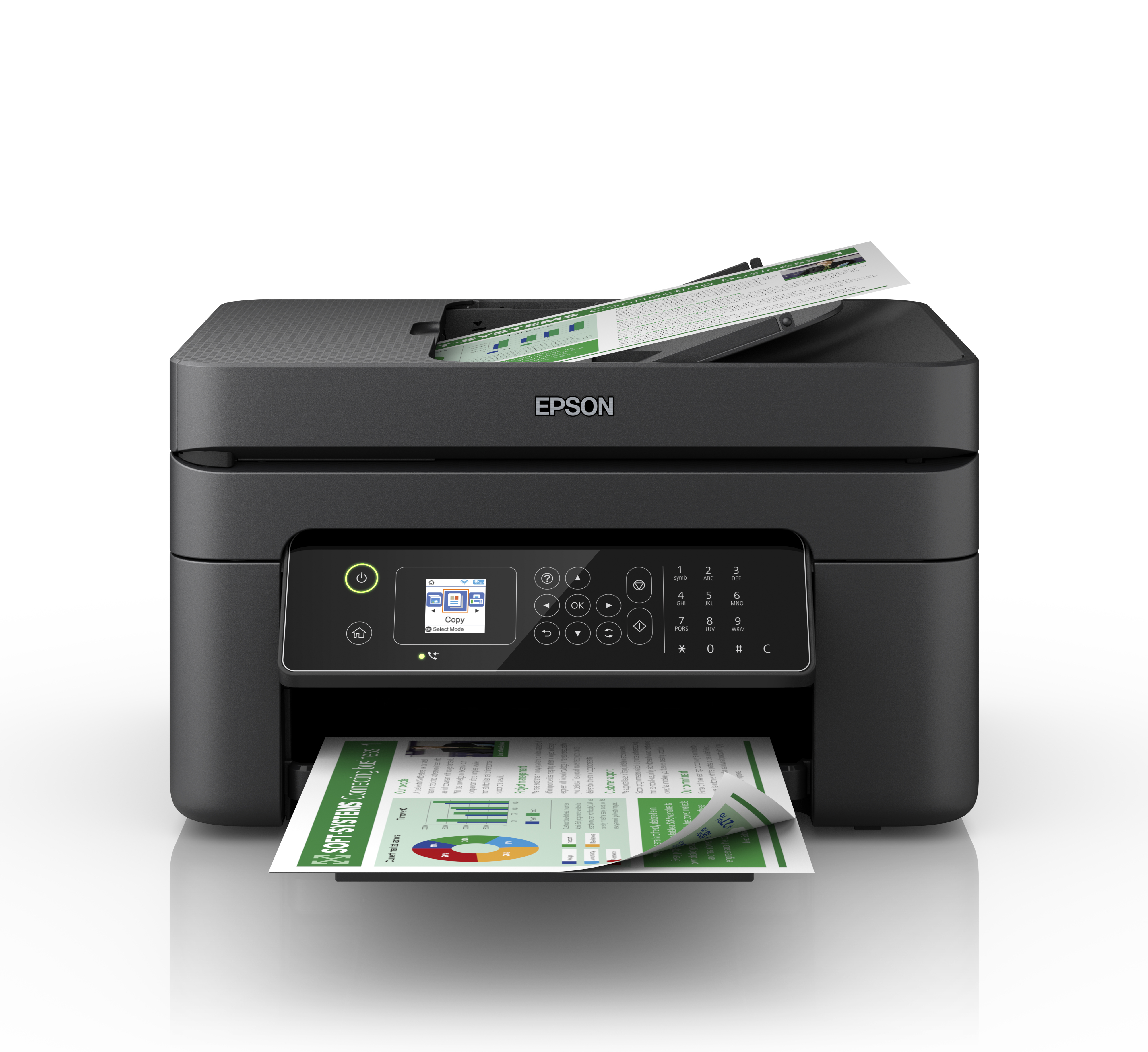 Stampante Epson nera, stampa documenti. Scanner superiore aperto, vassoio di uscita carta pieno, display con opzioni.
