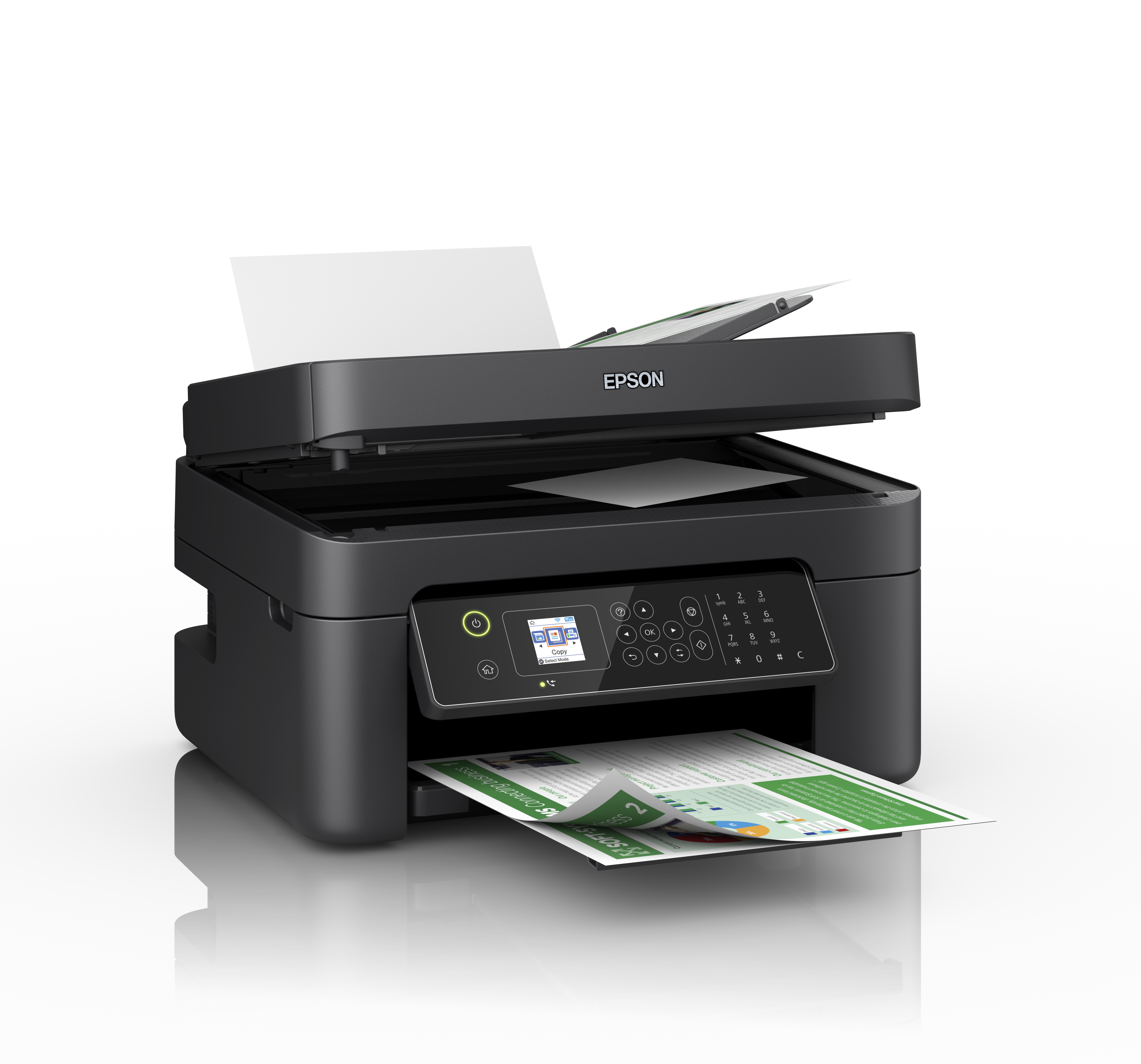 Una stampante Epson nera che stampa un documento colorato. La carta sta uscendo.