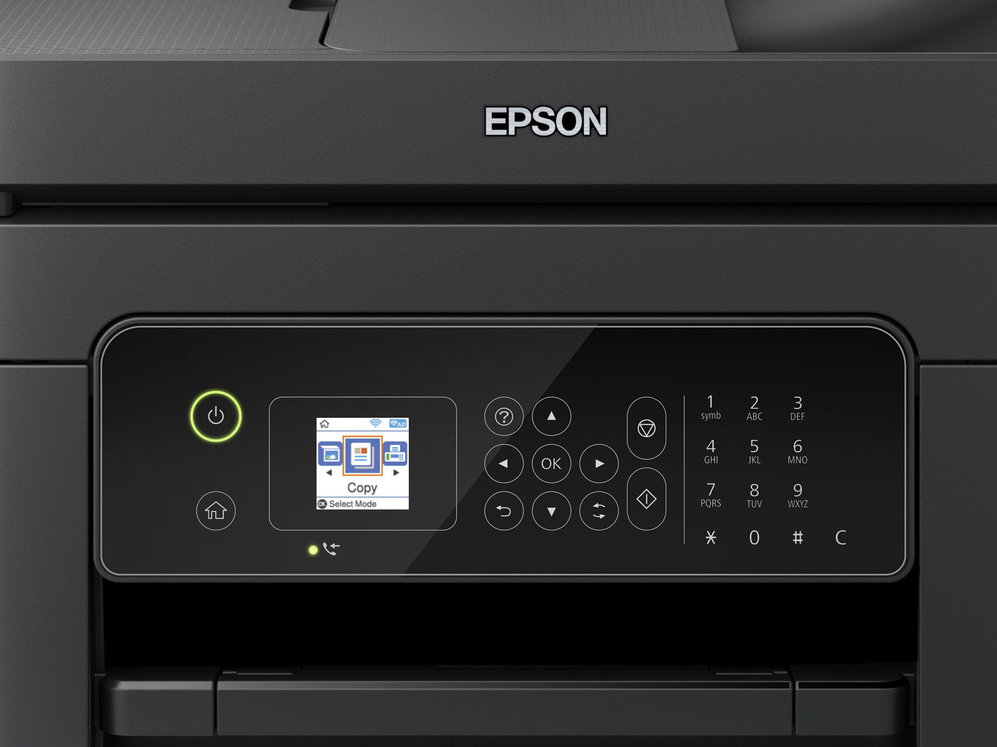 Primo piano di stampante nera con pannello di controllo. Logo EPSON visibile.