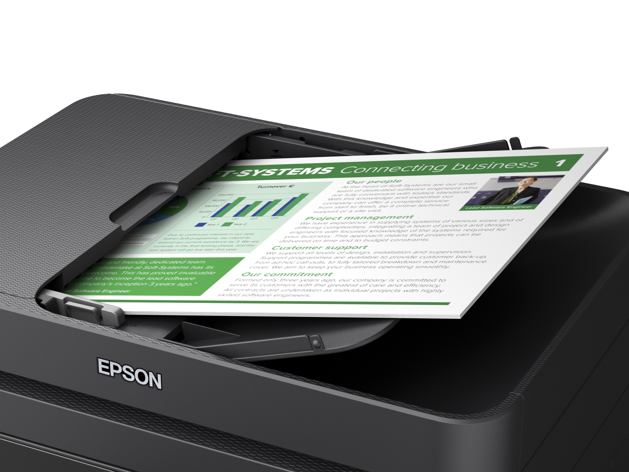 Una stampante Epson che stampa un documento. Il documento è nel vassoio di uscita e mostra testo e grafici.