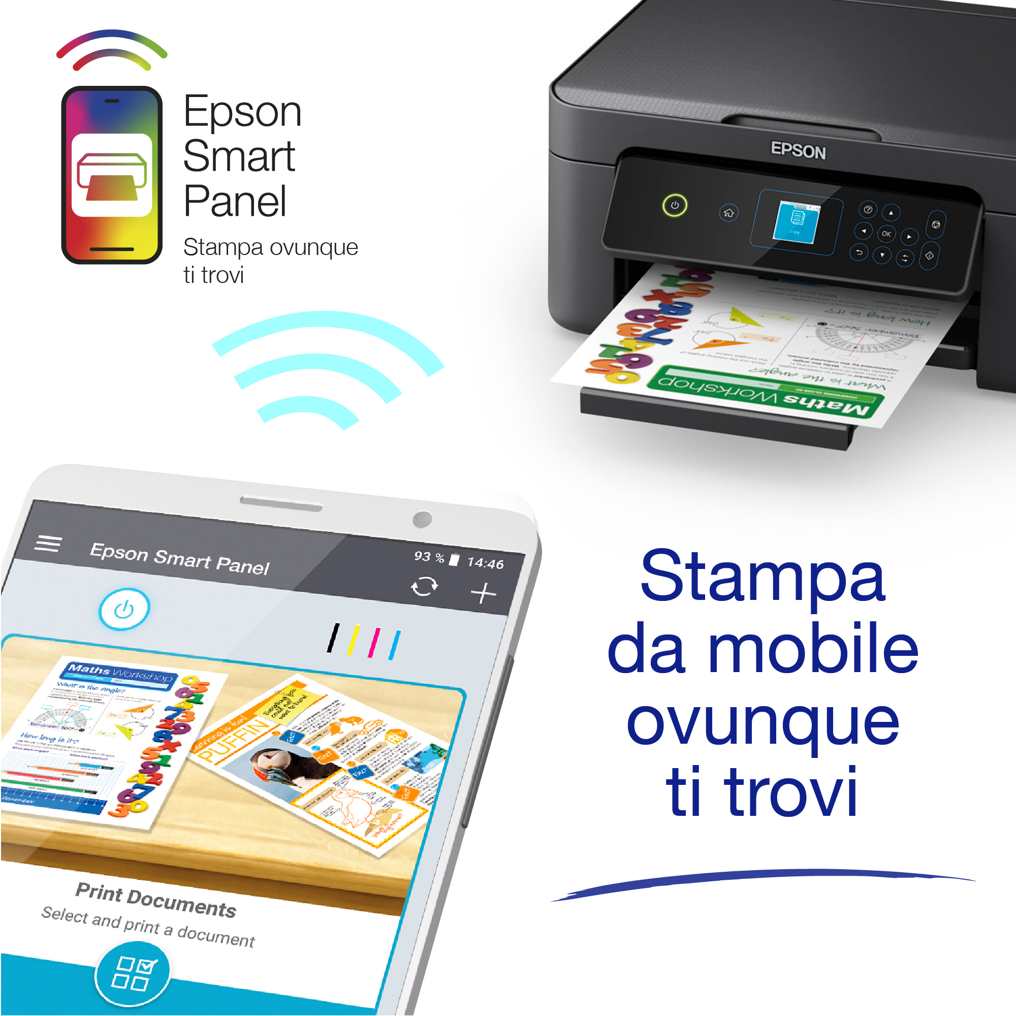 Drukarka Epson drukująca dokumenty z telefonu komórkowego, ze smartfonem pokazującym opcje drukowania.