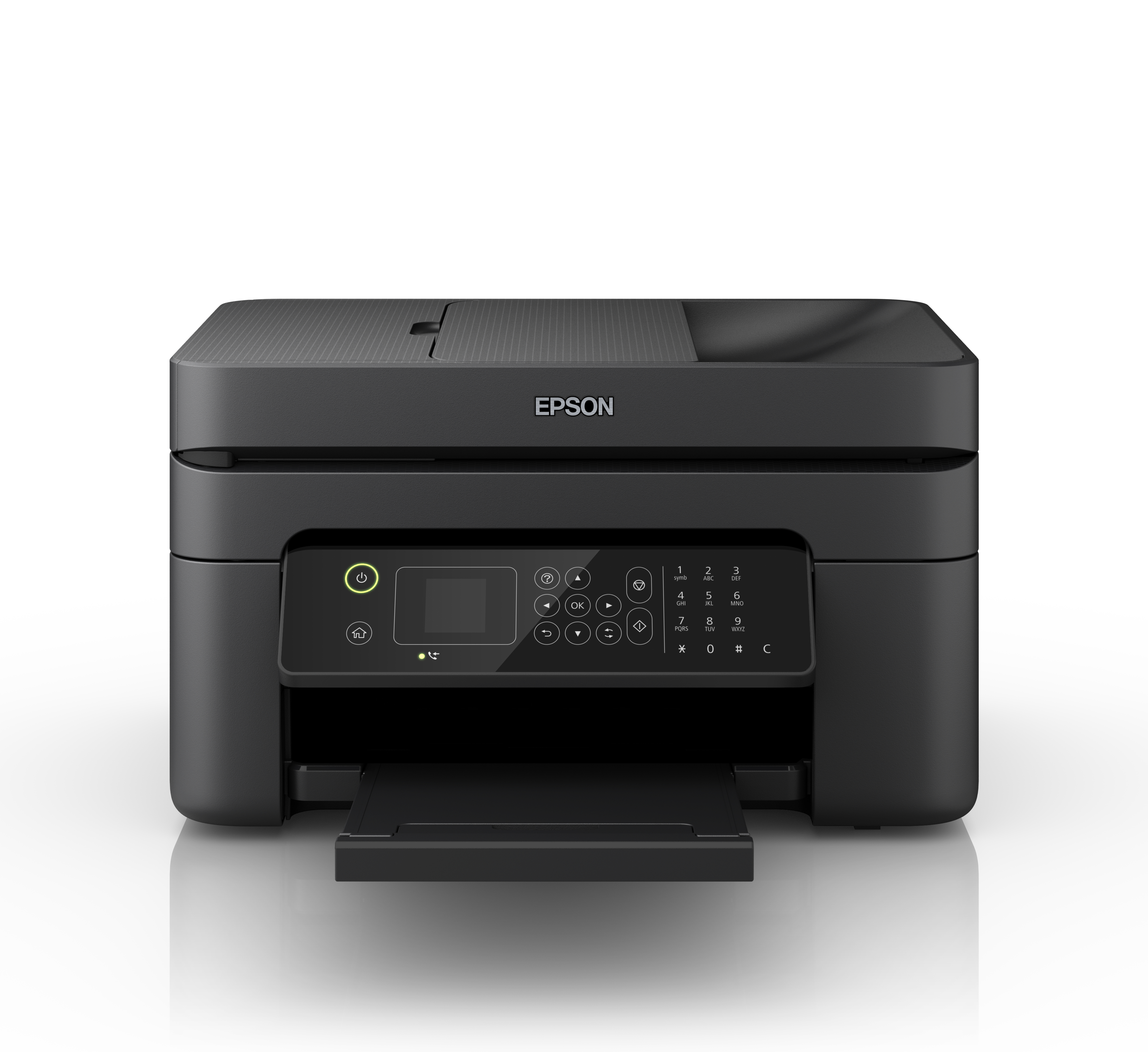 Una stampante Epson nera con schermo LCD e pulsanti. Ha un vassoio carta aperto, su sfondo bianco.