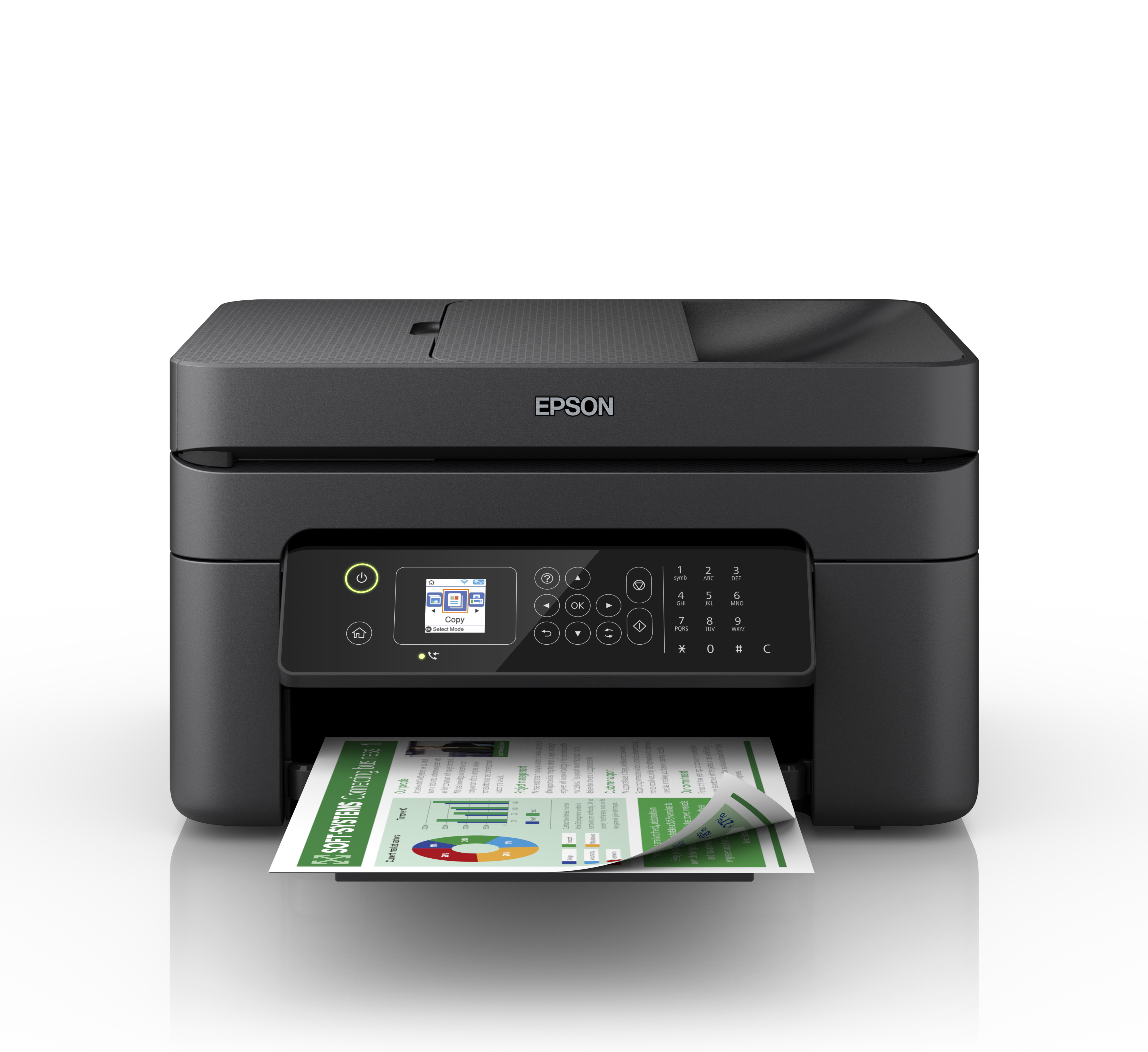 Stampante Epson nera che stampa un documento con un grafico colorato e del testo.