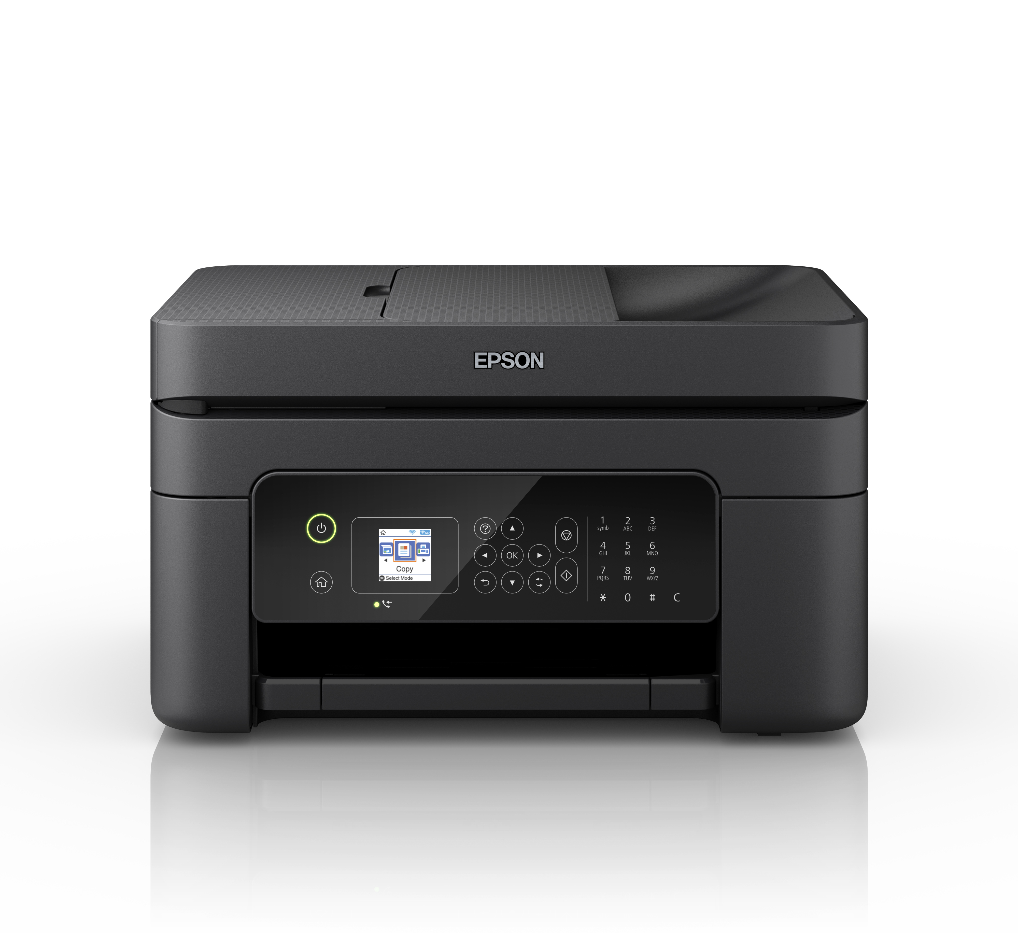 Una stampante Epson nera con pannello di controllo e tasti numerici su sfondo bianco.