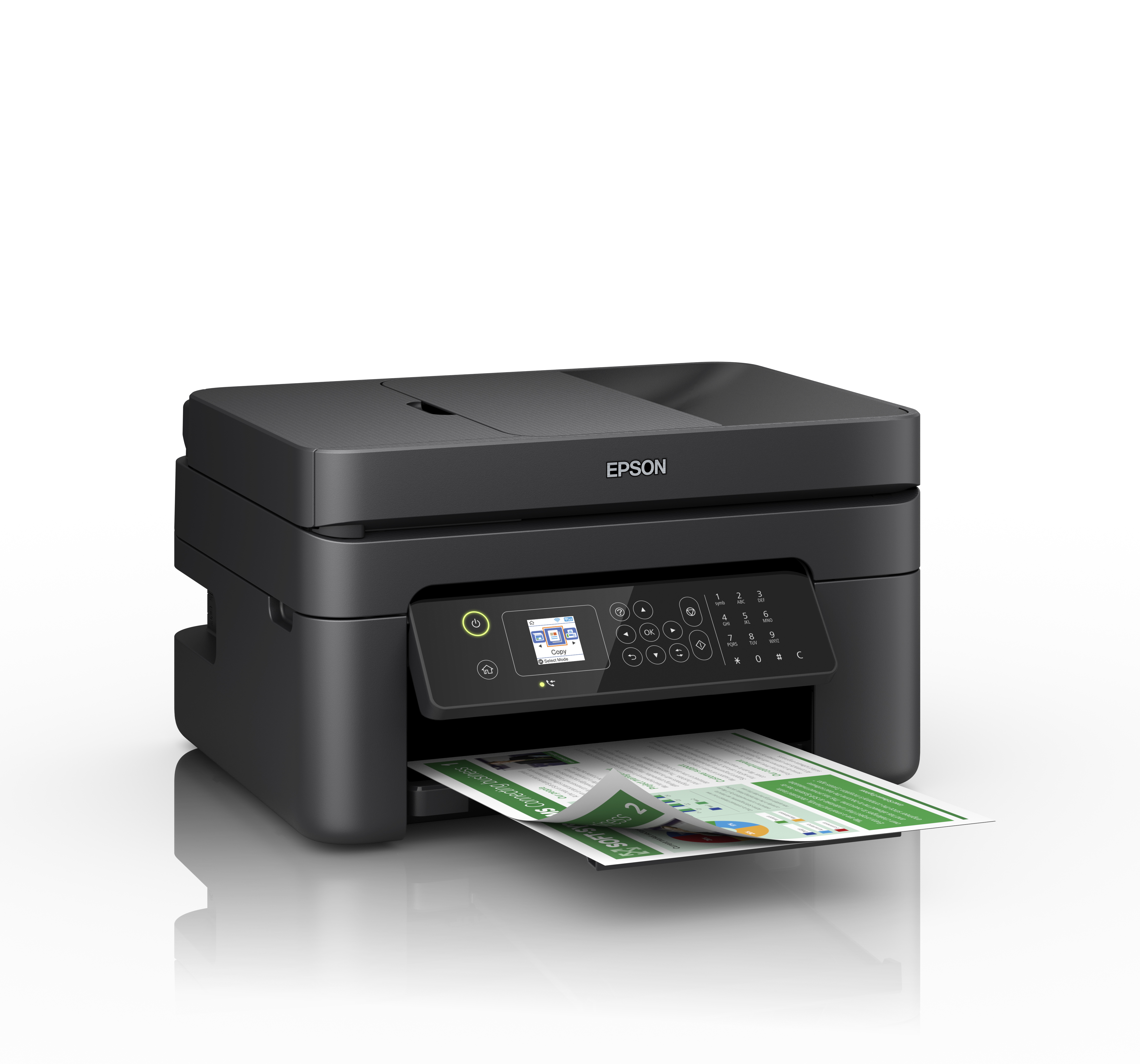 Stampante Epson nera, carta che esce dalla parte anteriore. Su una superficie bianca, sfondo bianco.