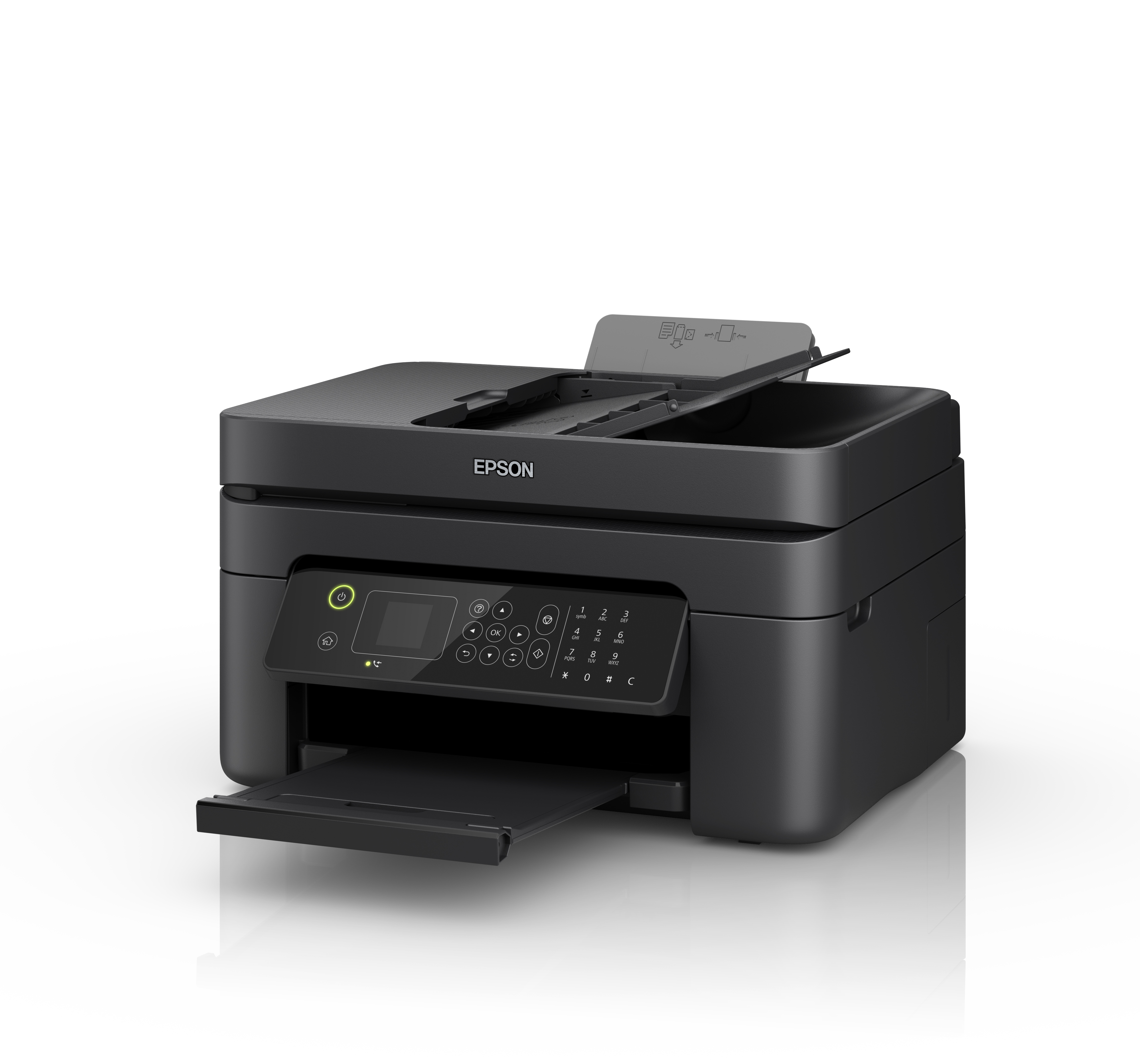 Stampante Epson nera con coperchio scanner aperto e tastierino numerico. Vassoio aperto.